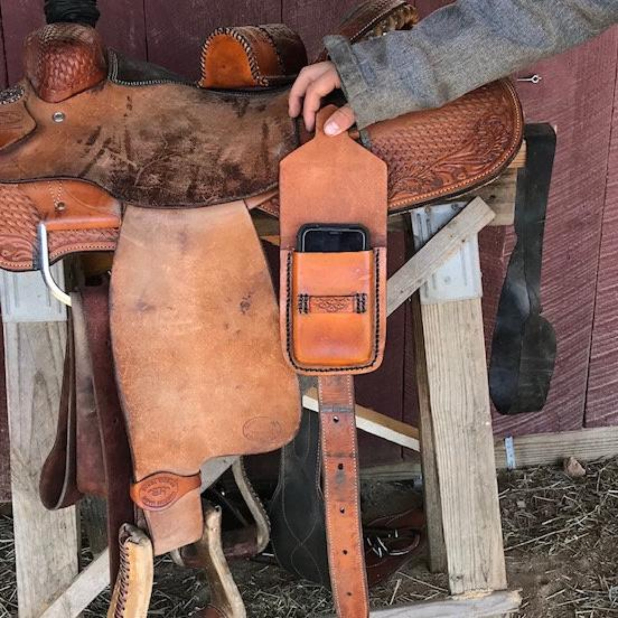 Leather Phone Holder and Hoof Pick Holder for Saddle Rear Cinch - Hand Tooled in Light Brown