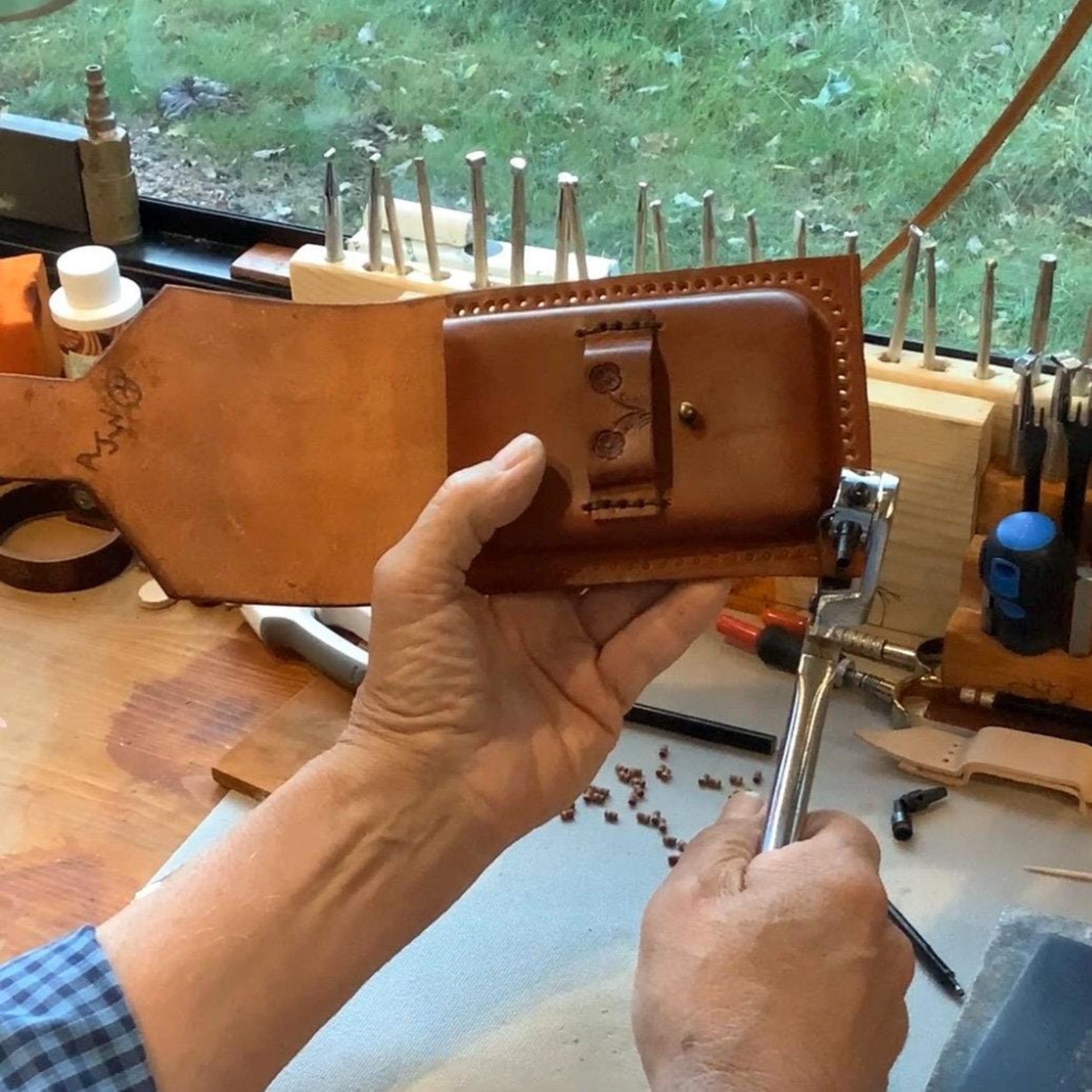 Leather Phone Holder and Hoof Pick Holder for Saddle Rear Cinch - Hand Tooled in Light Brown