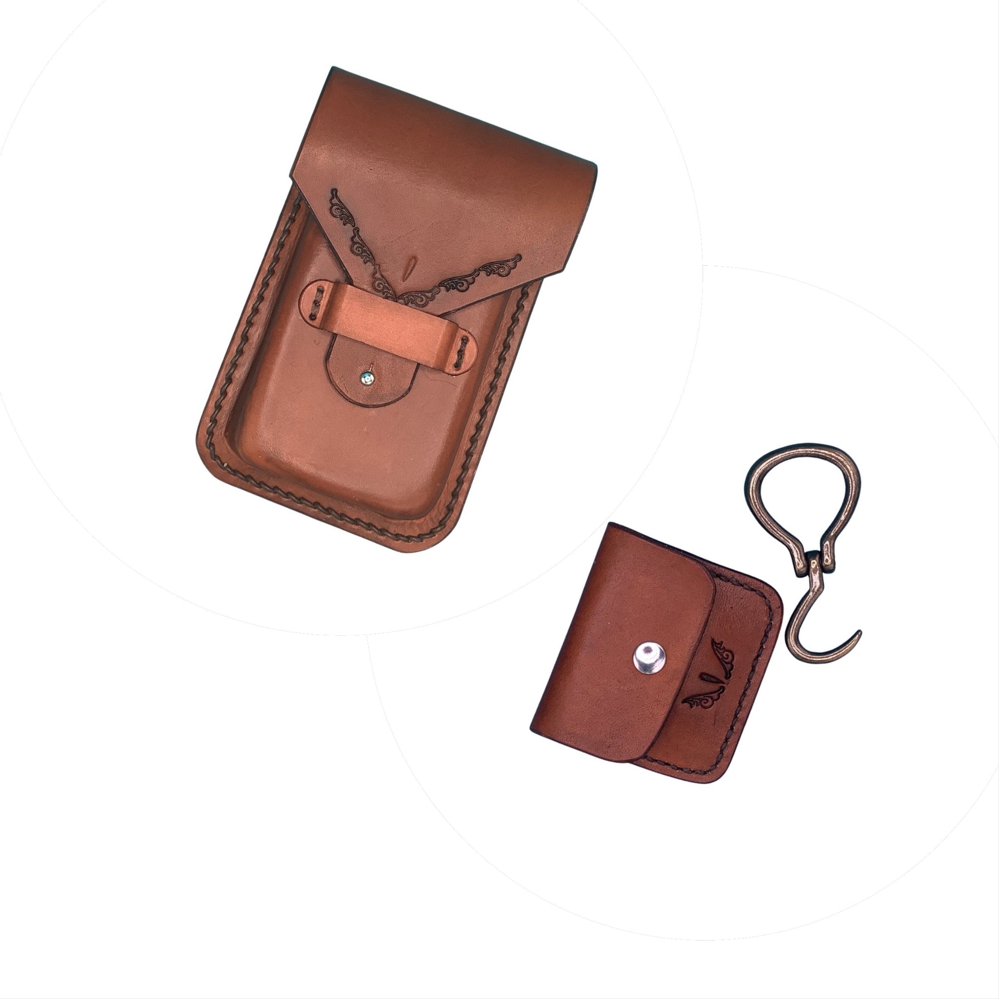 Leather Phone Holder and Hoof Pick Holder for Saddle Rear Cinch - Hand Tooled in Light Brown