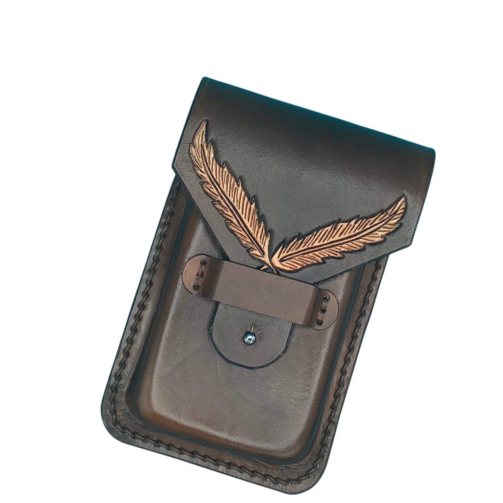 Leather Phone Holder for Rear Cinch Saddle with Hand Tooled Feathers in Dark Brown