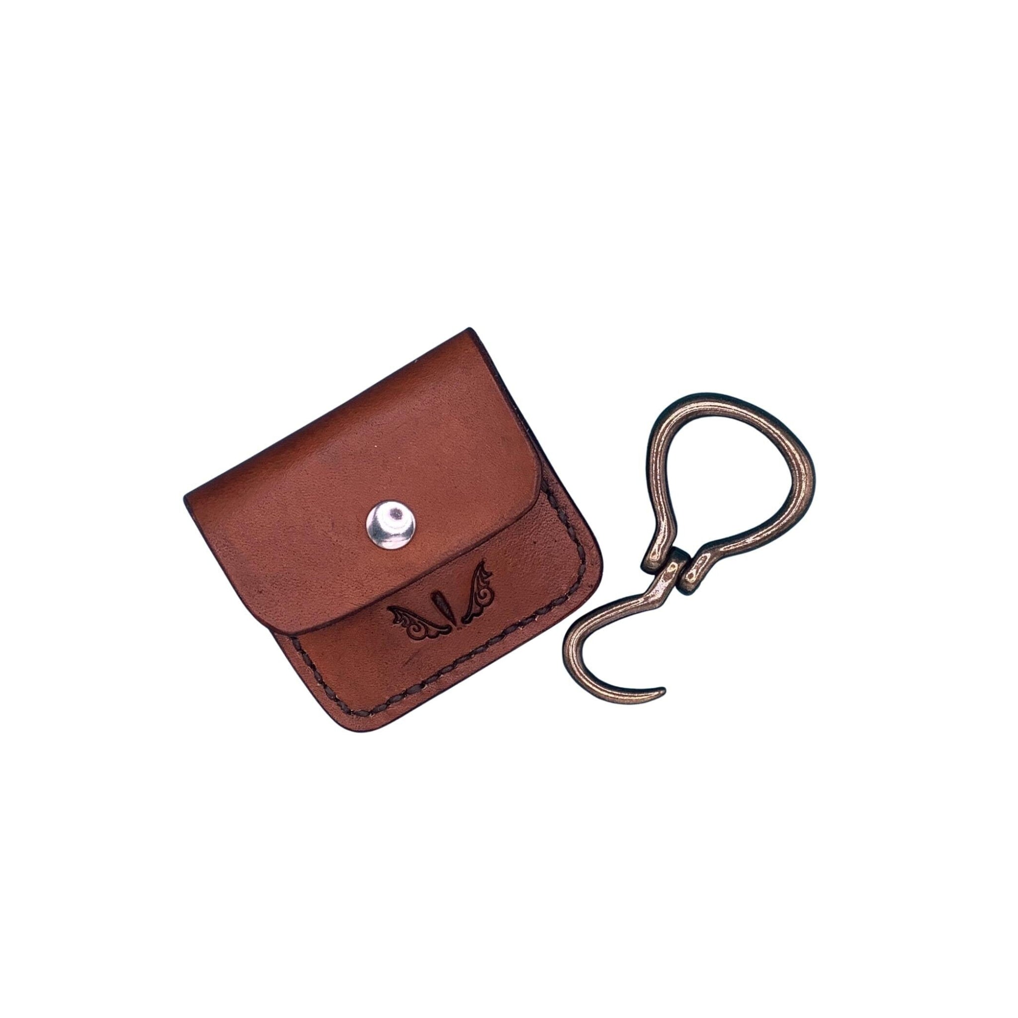 Leather Phone Holder and Hoof Pick Holder for Saddle Rear Cinch - Hand Tooled in Light Brown