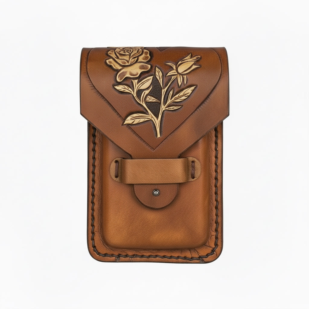 Leather Phone Holder for Saddle - Hand Tooled Rose Design