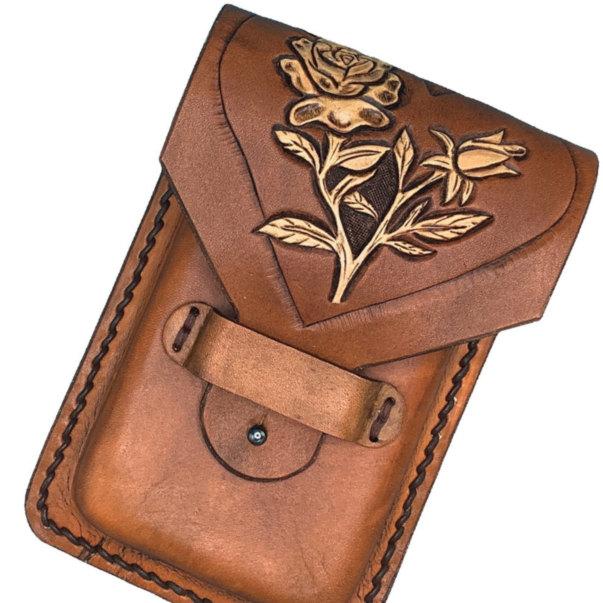 Leather Phone Holder for Saddle - Hand Tooled Rose Design