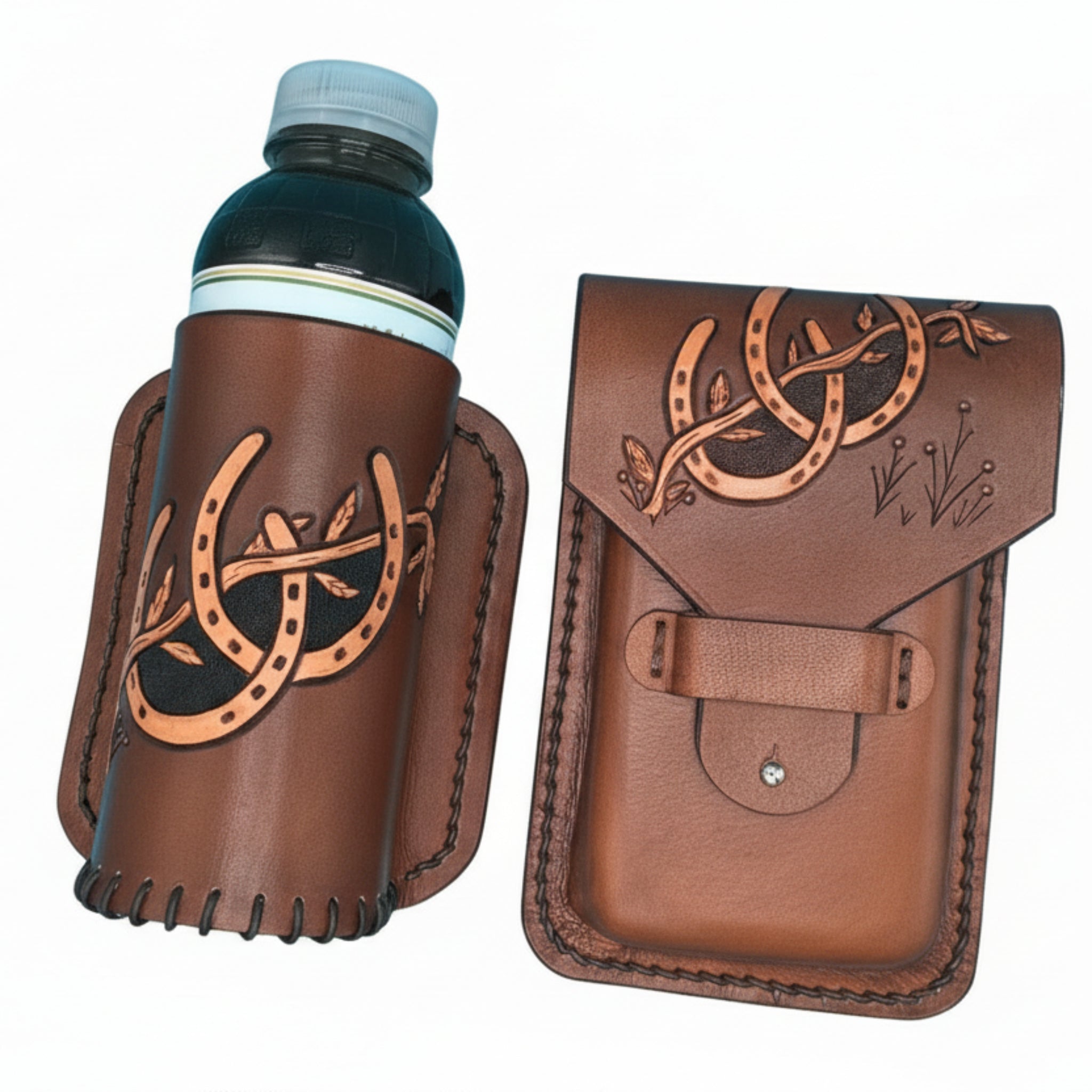 Saddle Accessories with Hand Tooled Leather Horseshoes in Medium Brown