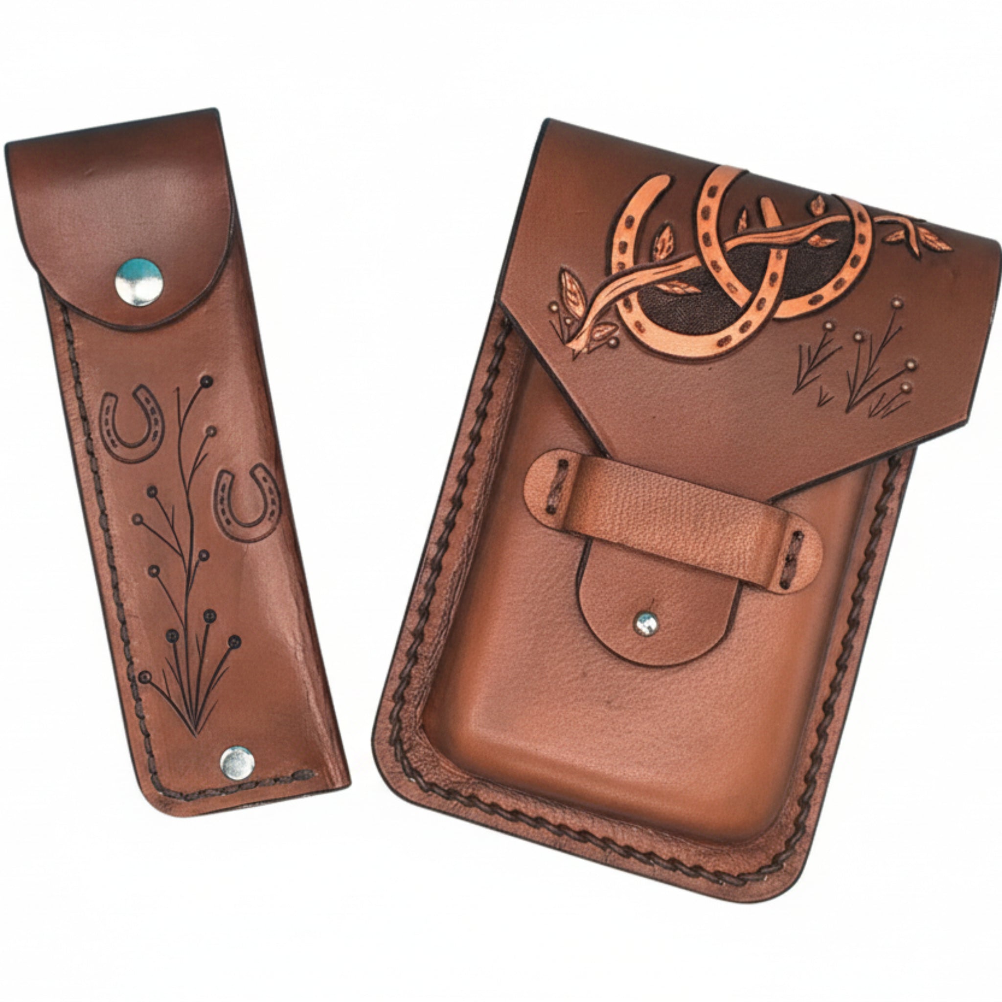 Saddle Accessories with Hand Tooled Leather Horseshoes in Medium Brown