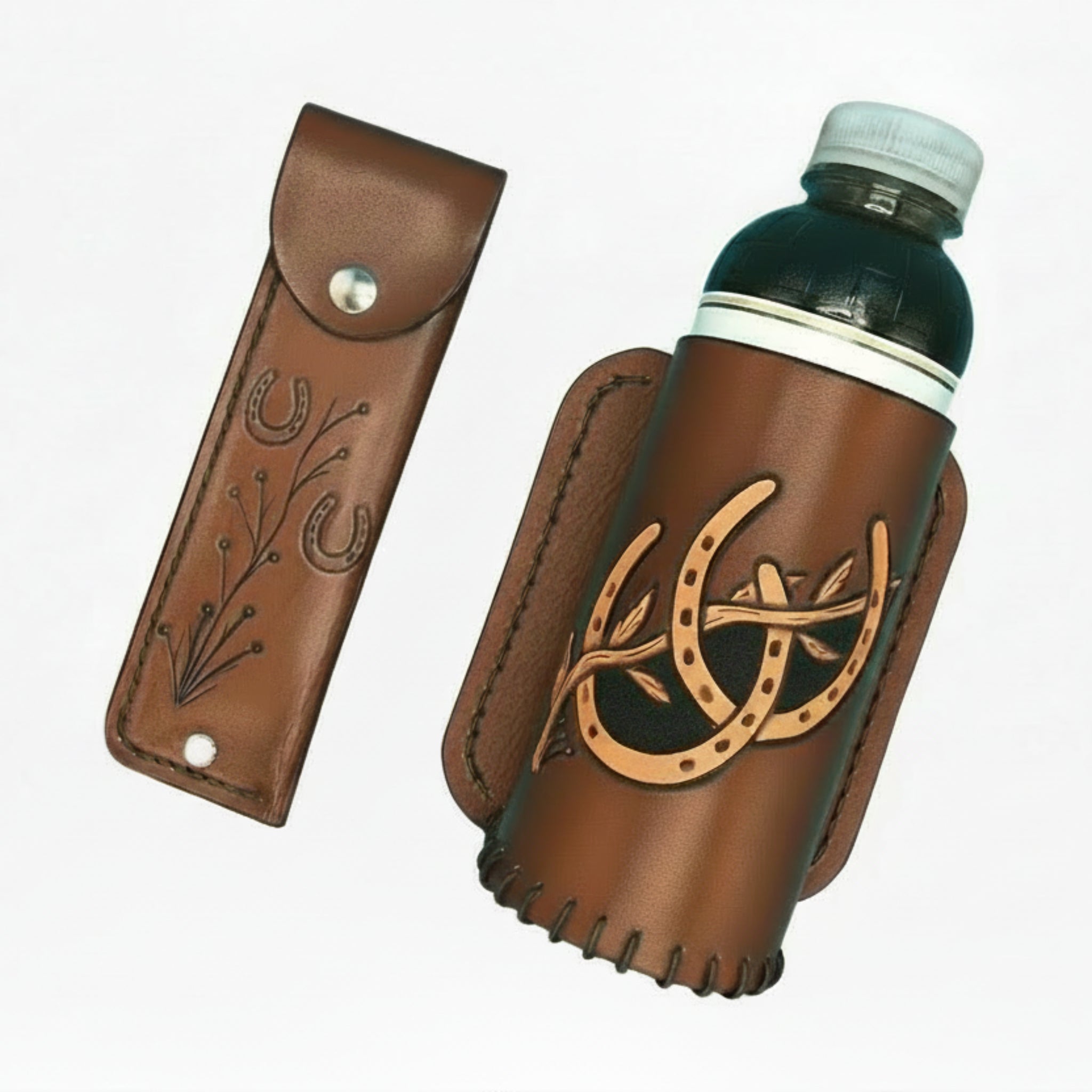 Saddle Accessories with Hand Tooled Leather Horseshoes in Medium Brown