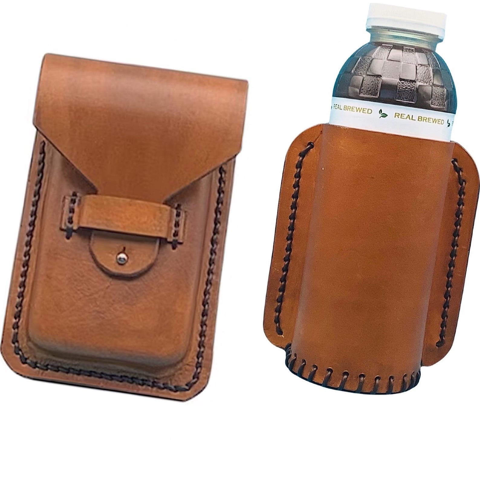 A saddle drink holder and phone holder in tan color.