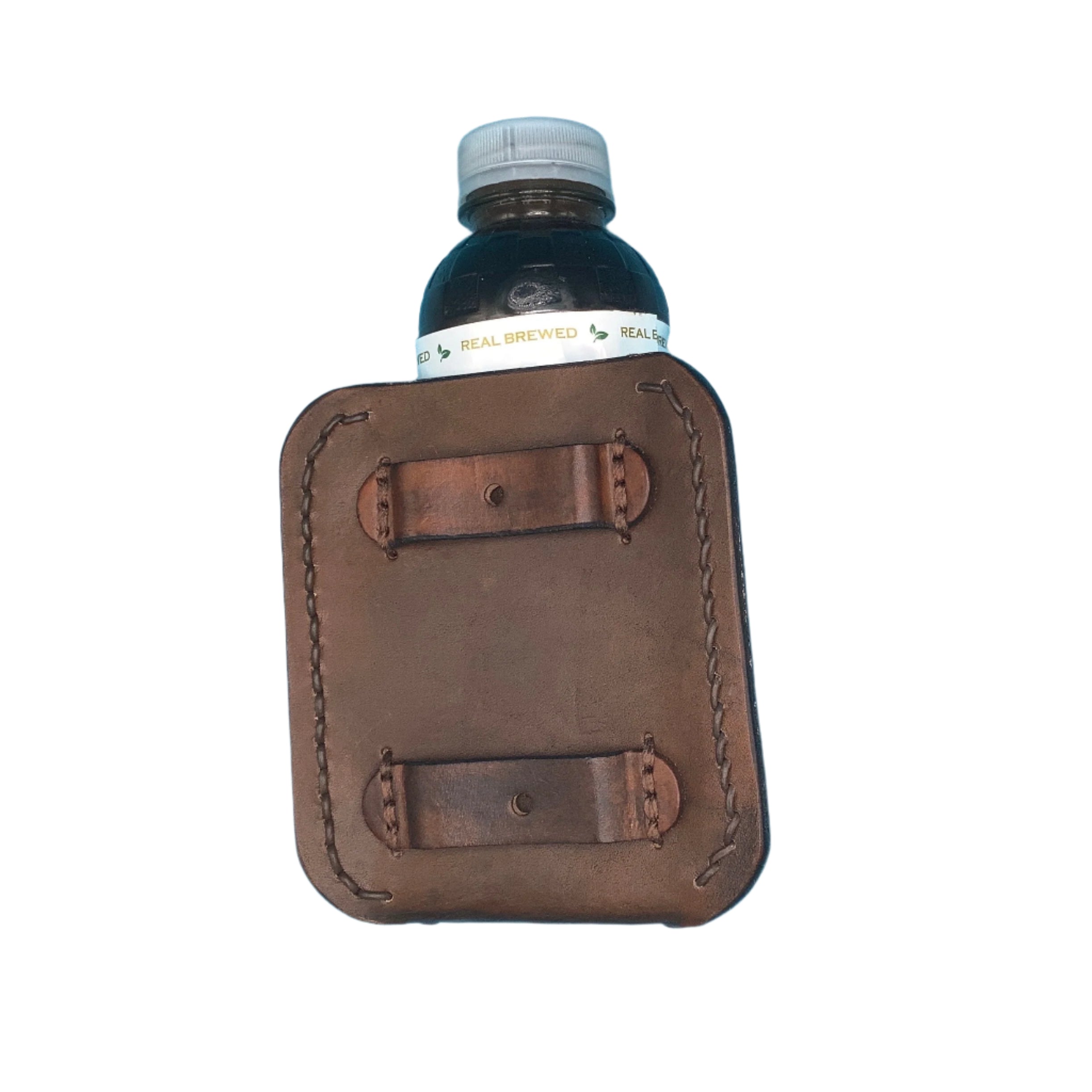 The back of a dark brown leather bottle holder showing the straps that attach to the billet.