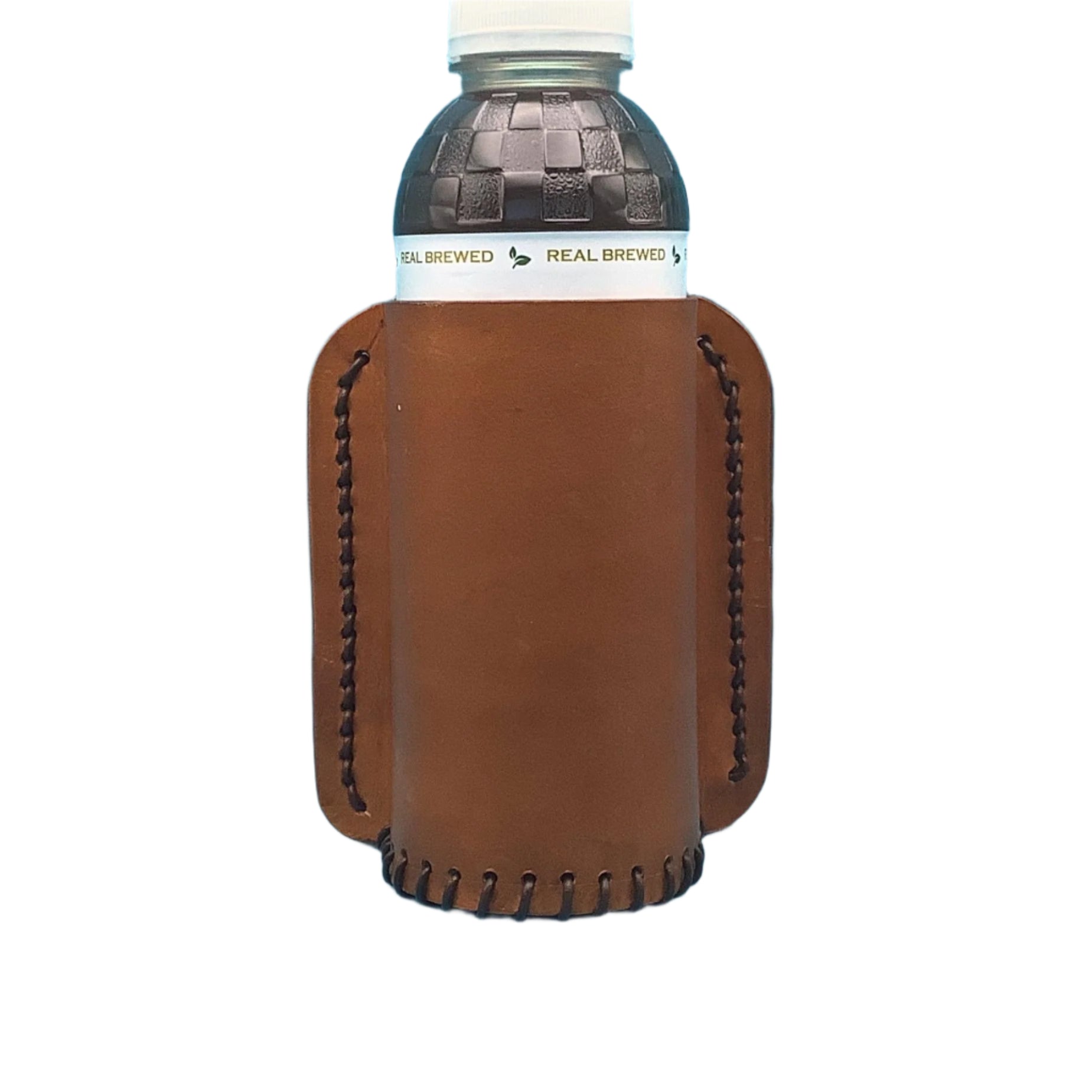 Tan leather bottle holder for a saddle rear cinch.