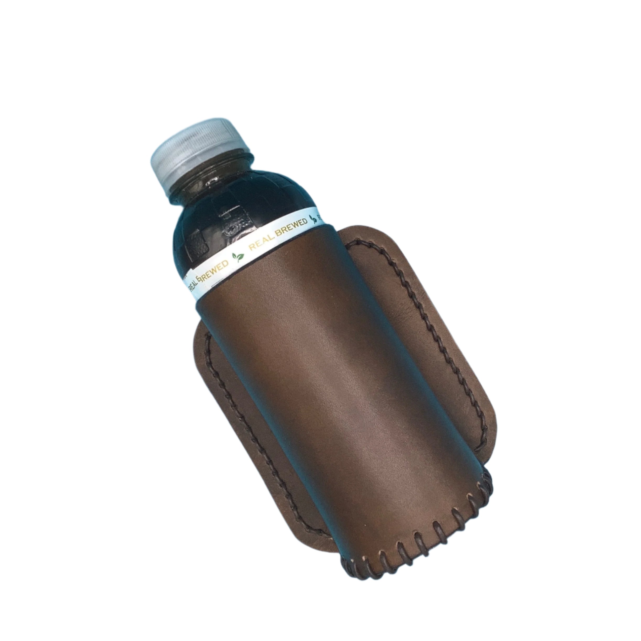 A dark brown leather bottle holder for saddle rear cinch.