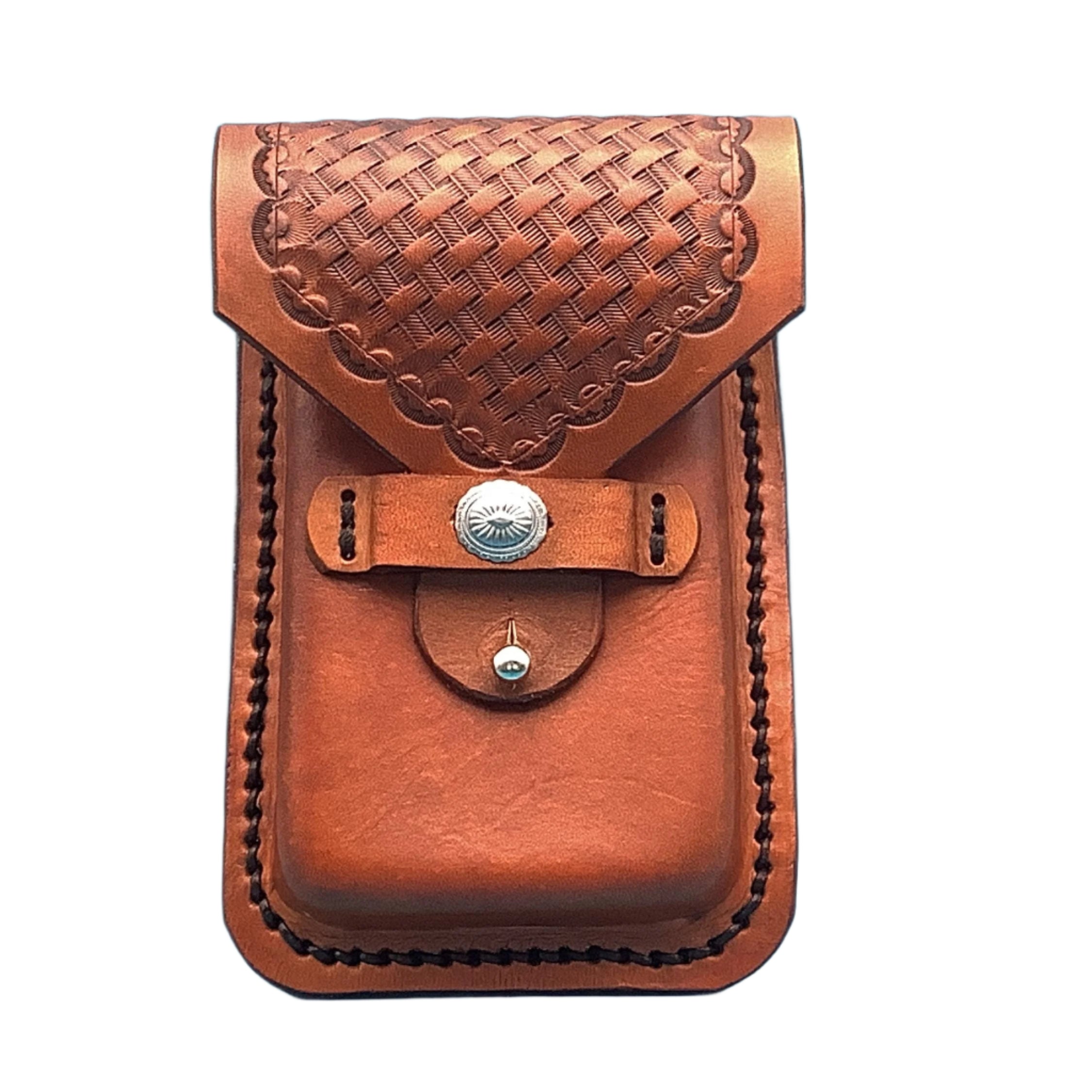 A saddle tan basketweave leather phone holder for saddle billet strap.