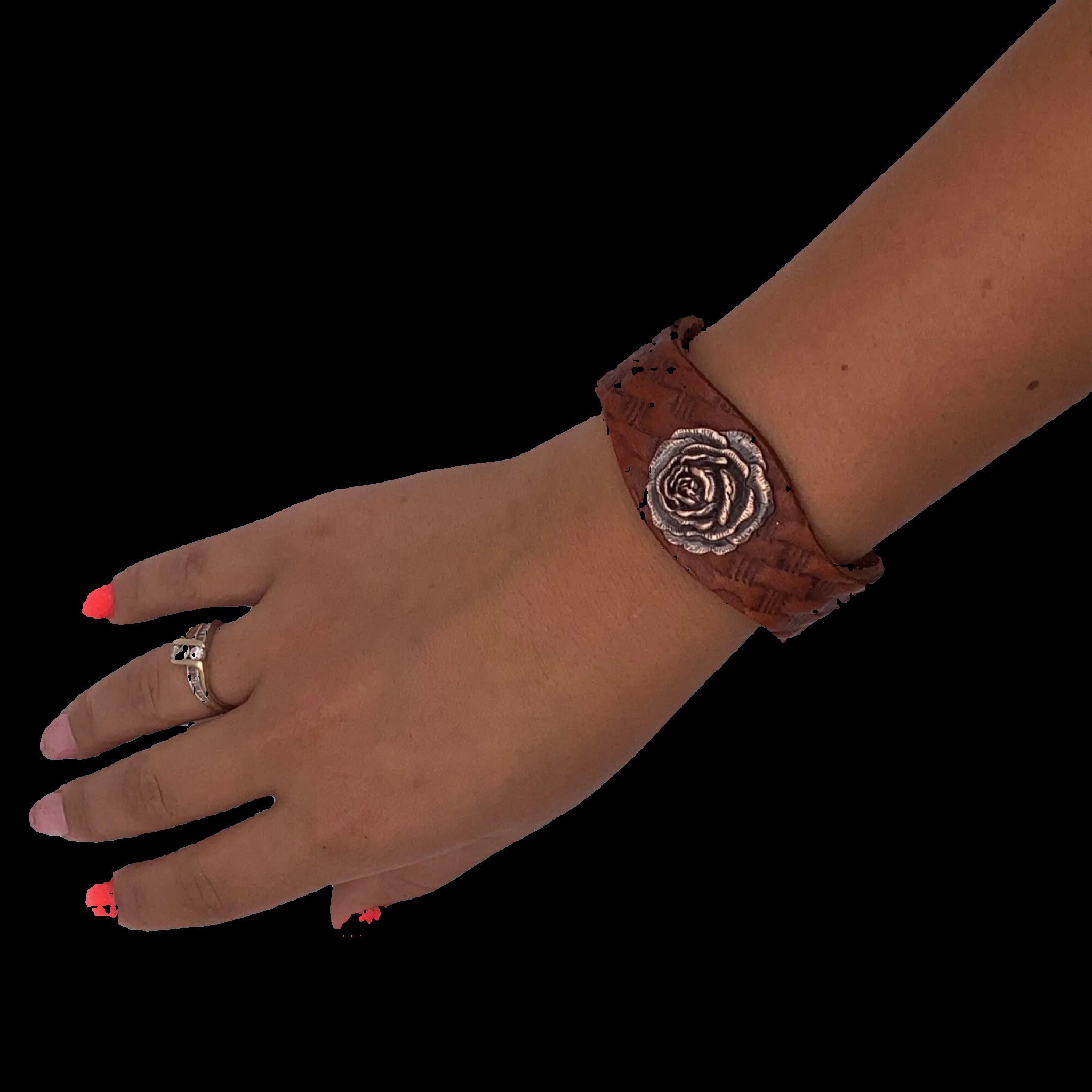 Close-up detail of basketweave tooling on leather bracelet
