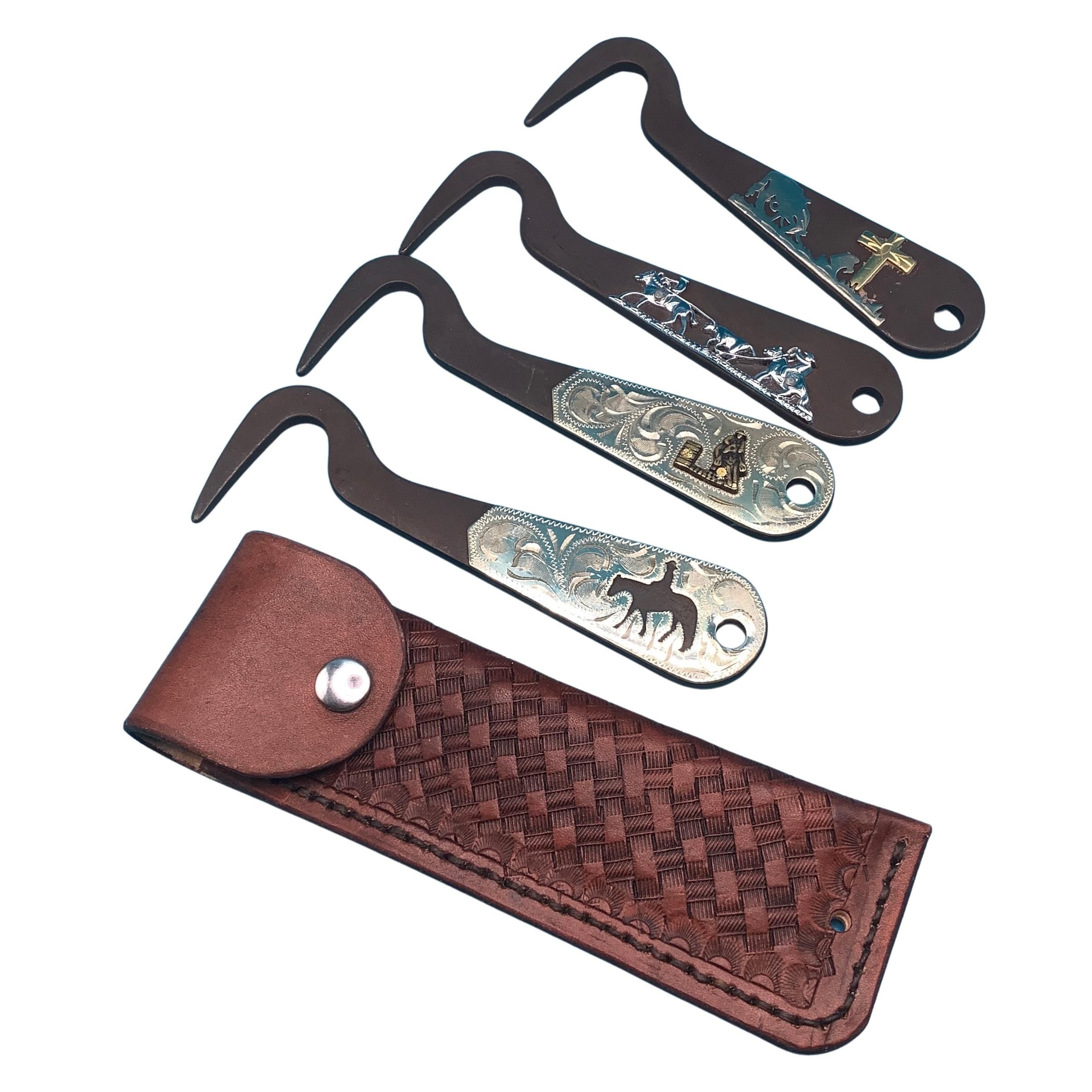 A basketweave leather hoof pick holder and Showman hoof picks.