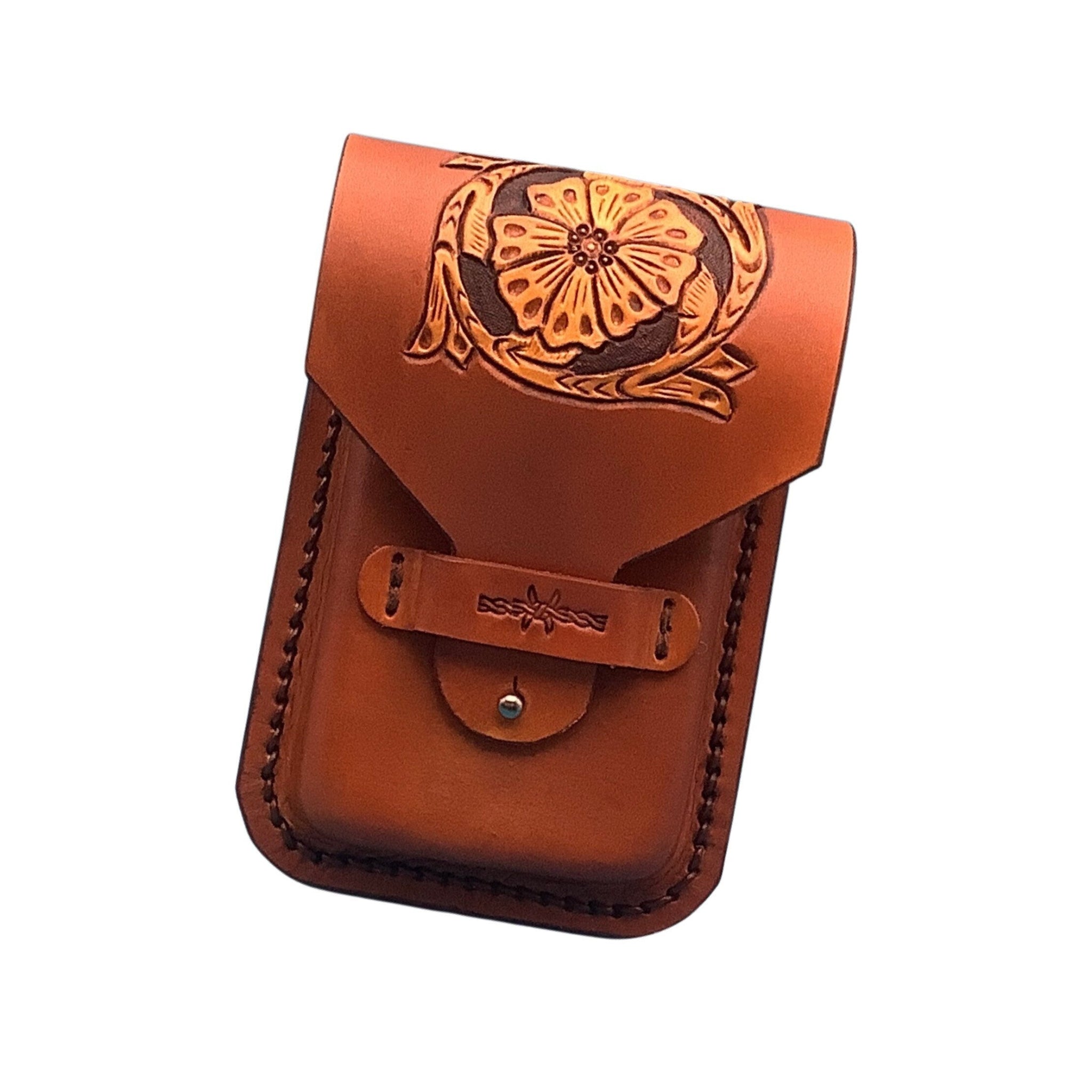 Leather phone holder for saddle rear cinch with hand tooled saddle flower.  