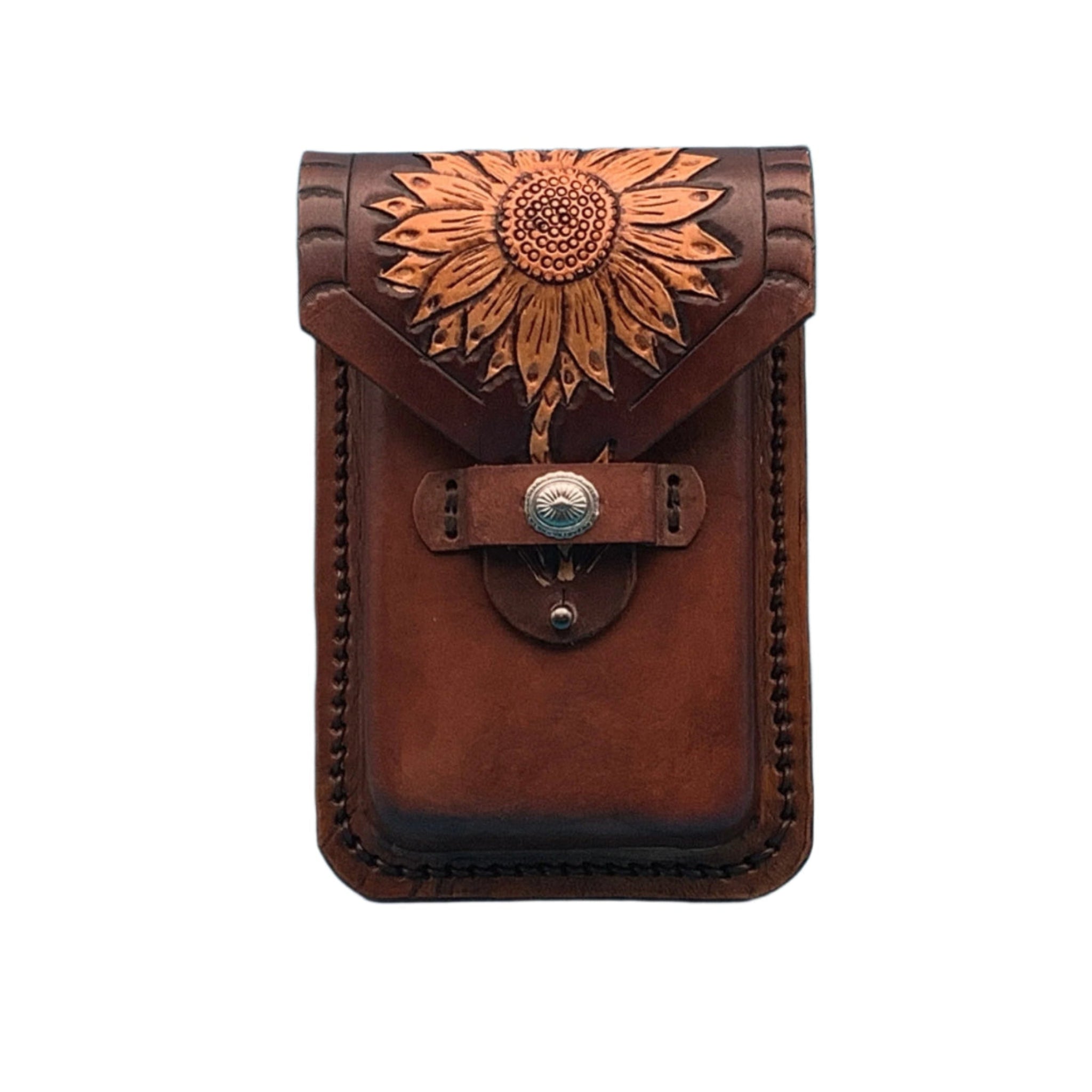 A mahogany leather phone case for saddle rear cinch with hand tooled sunflower.