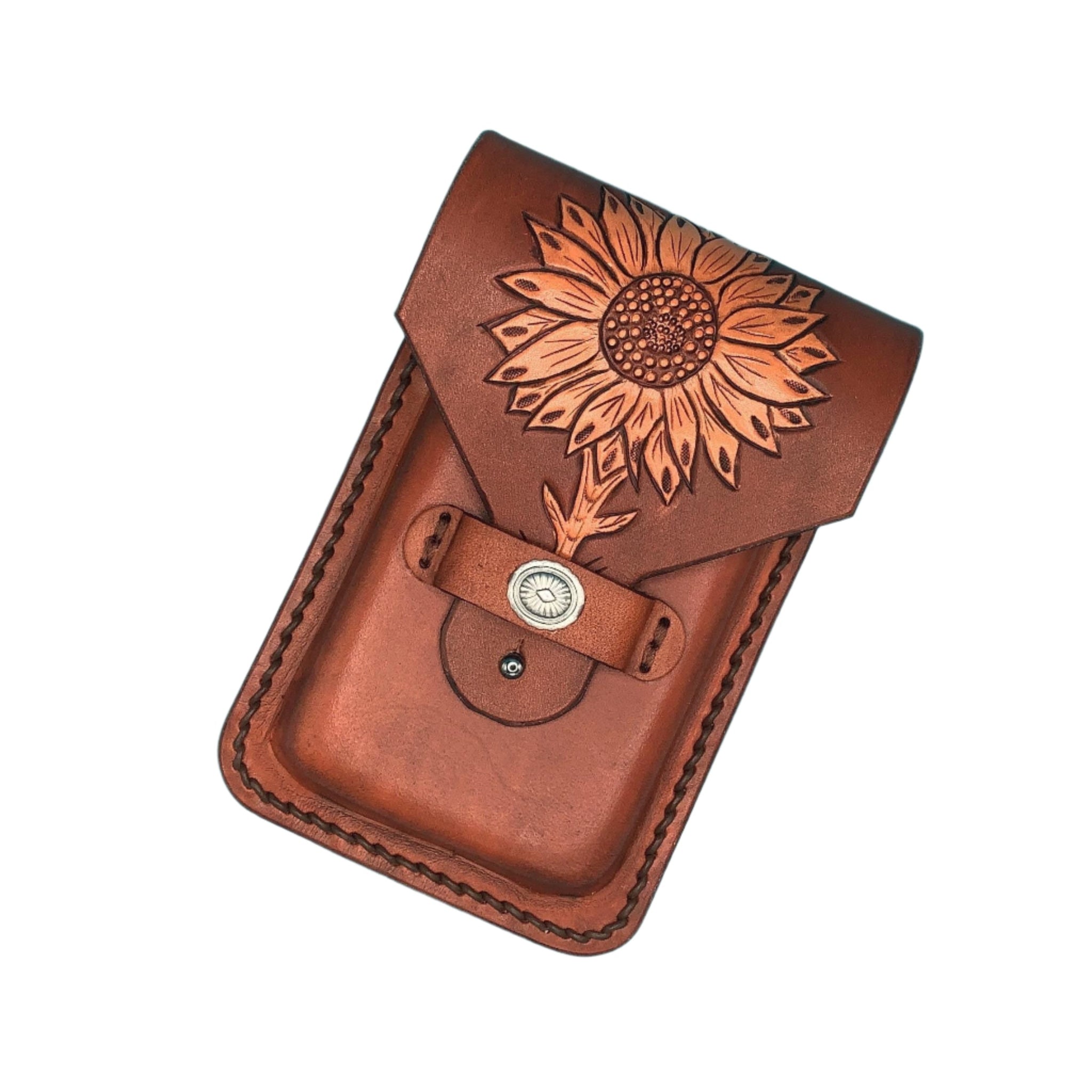 A leather  phone holder for saddle  rear cinch with hand tooled sunflower.
