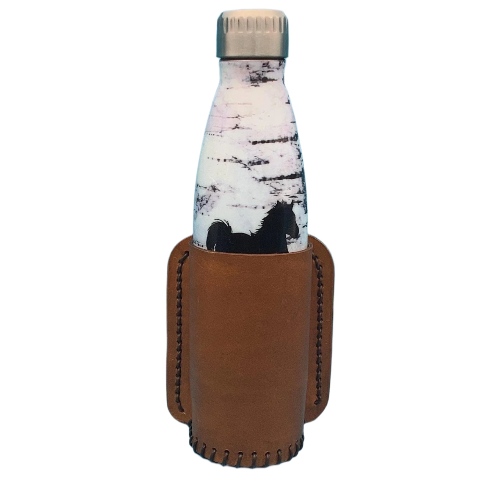 Tan leather bottle holder for a saddle billet  shown with a vacuum bottle.