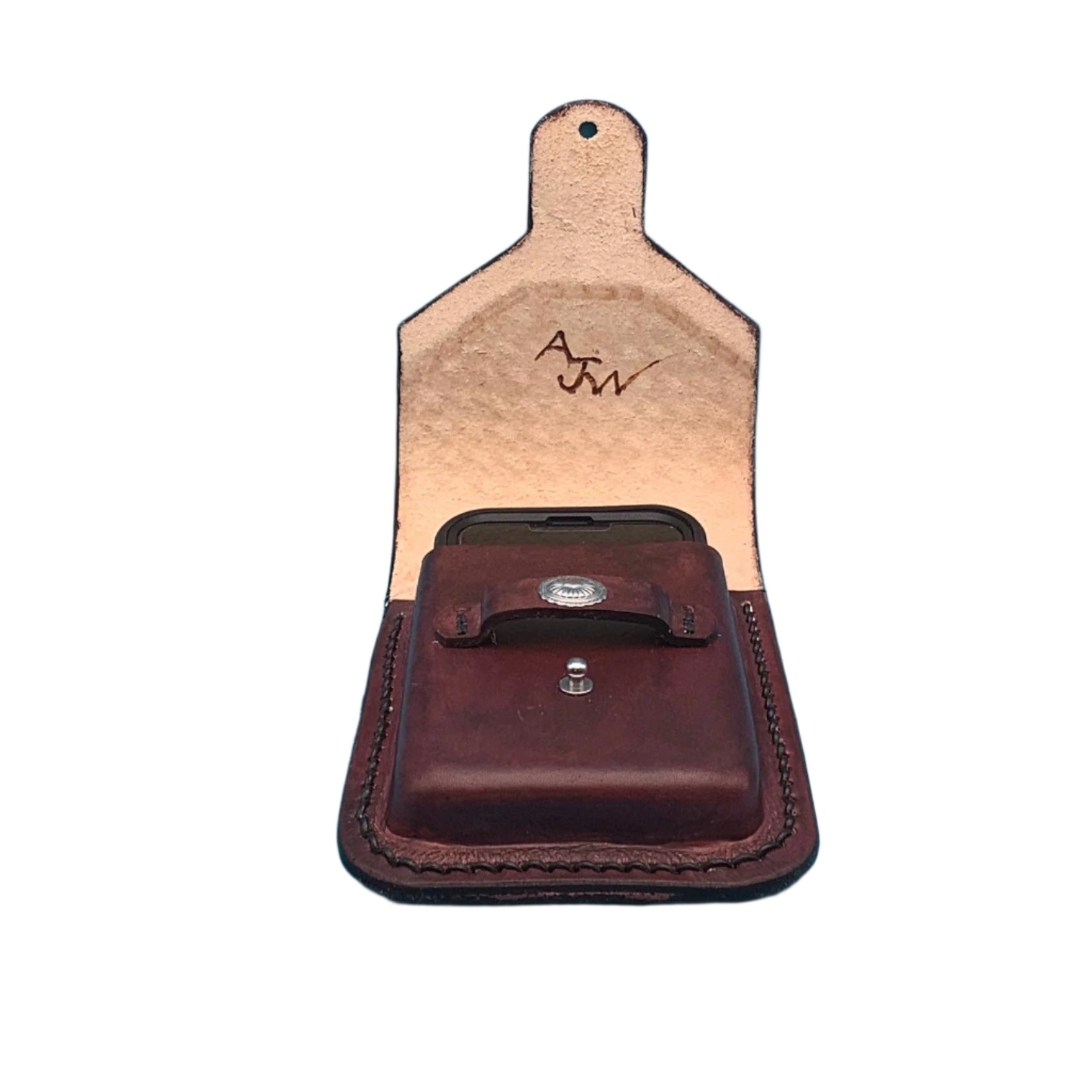 An open mahogany basketweave leather phone holder for saddle billet strap.
