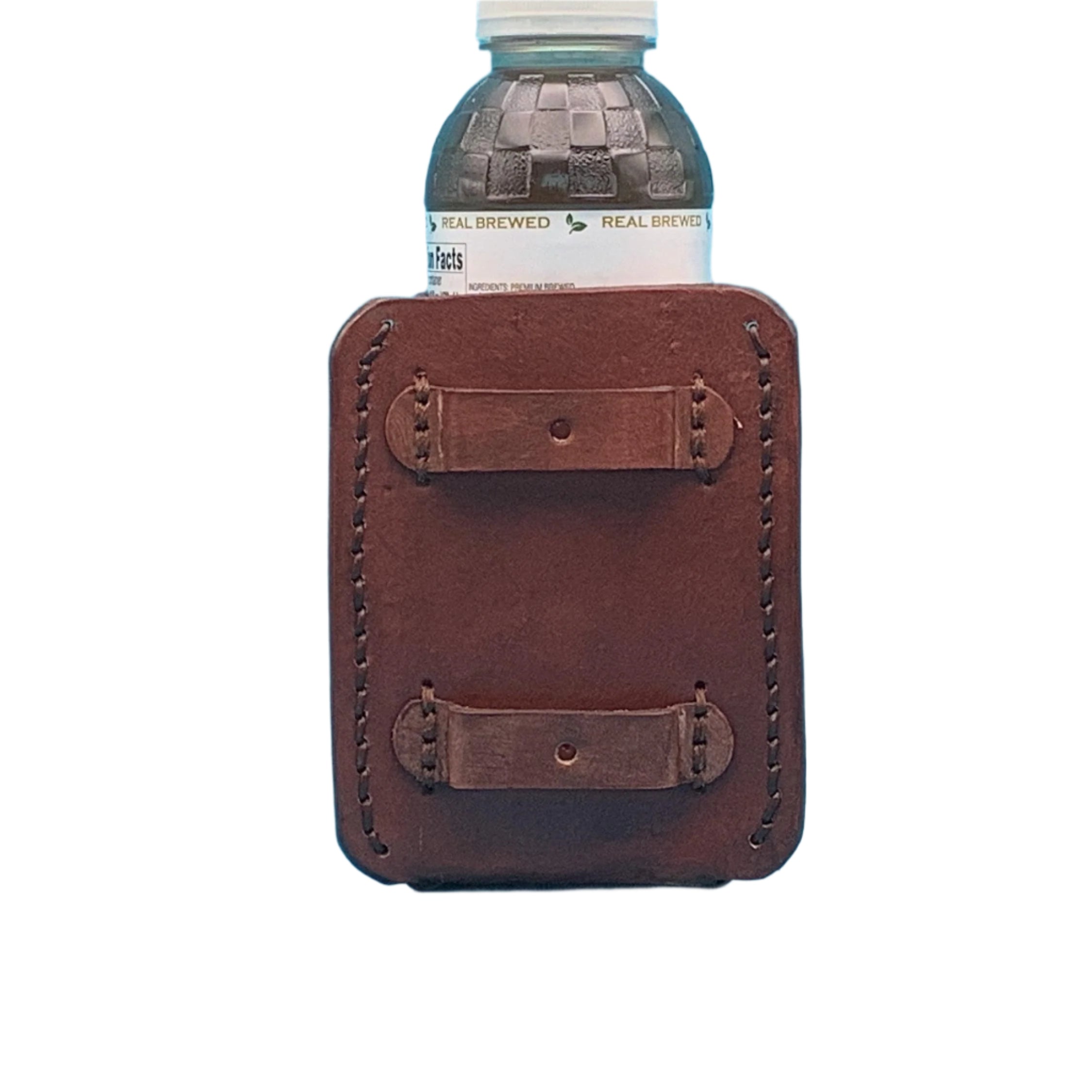 The back of a mahogany leather drink holder for a saddle rear cinch showing the straps that attach it to the saddle.