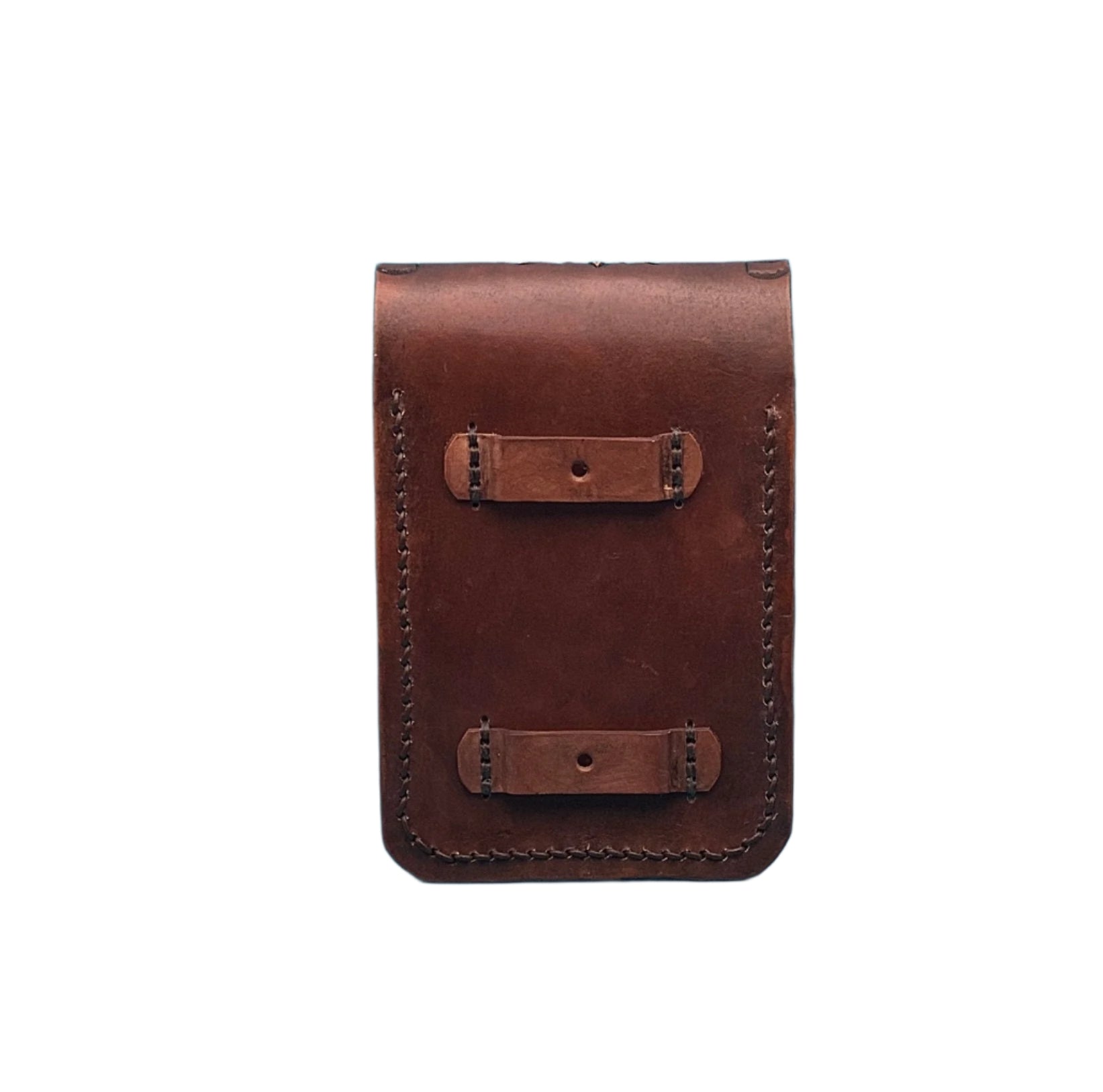 Back view of a saddle phone holder showing the straps that attach it to the billet.