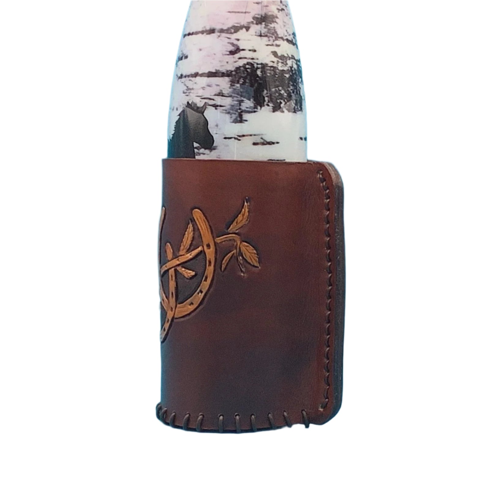 A side view of a leather drink holder for a saddle billet strap with hand tooled horseshoes.