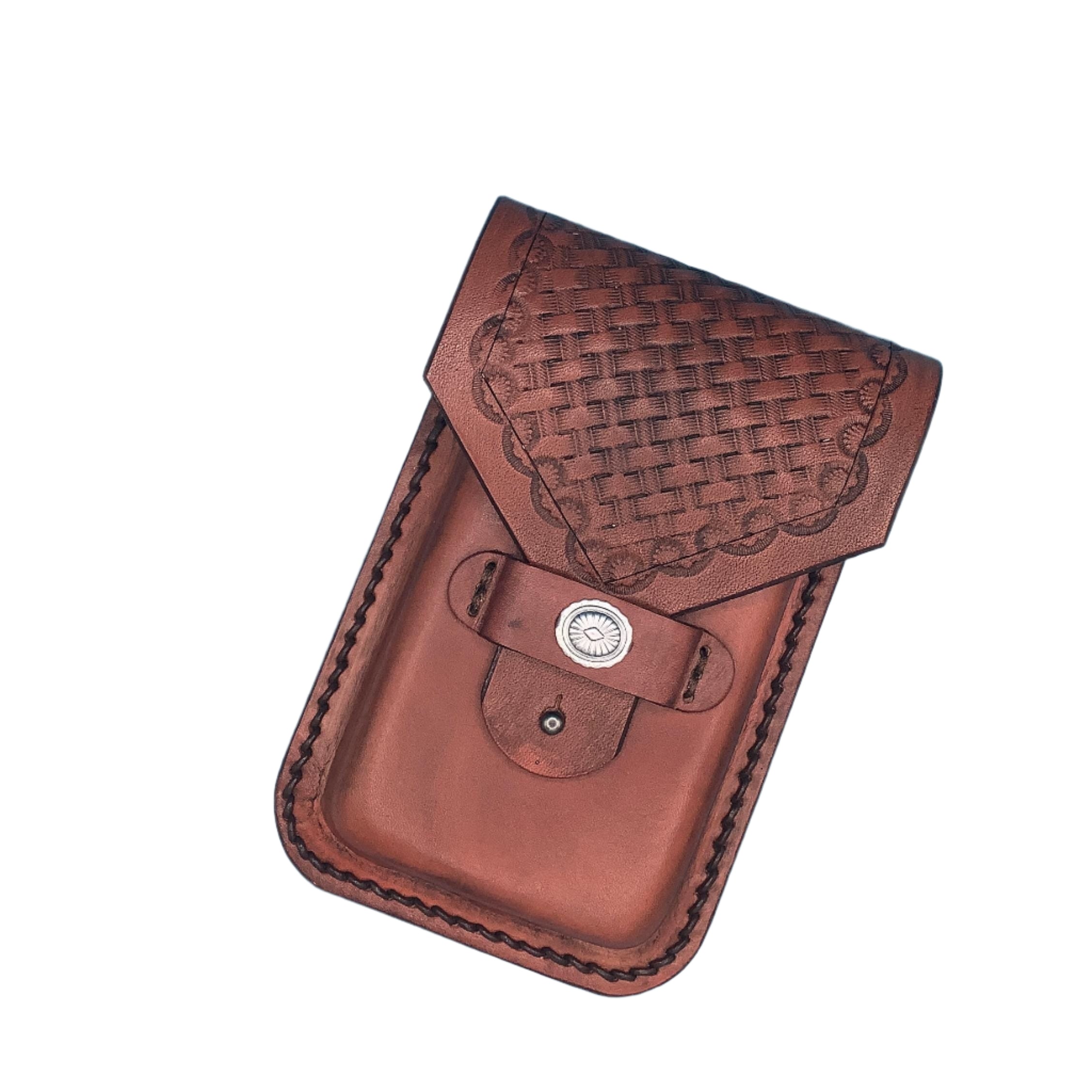 A mahogany basketweave leather phone holder for saddle rear cinch.