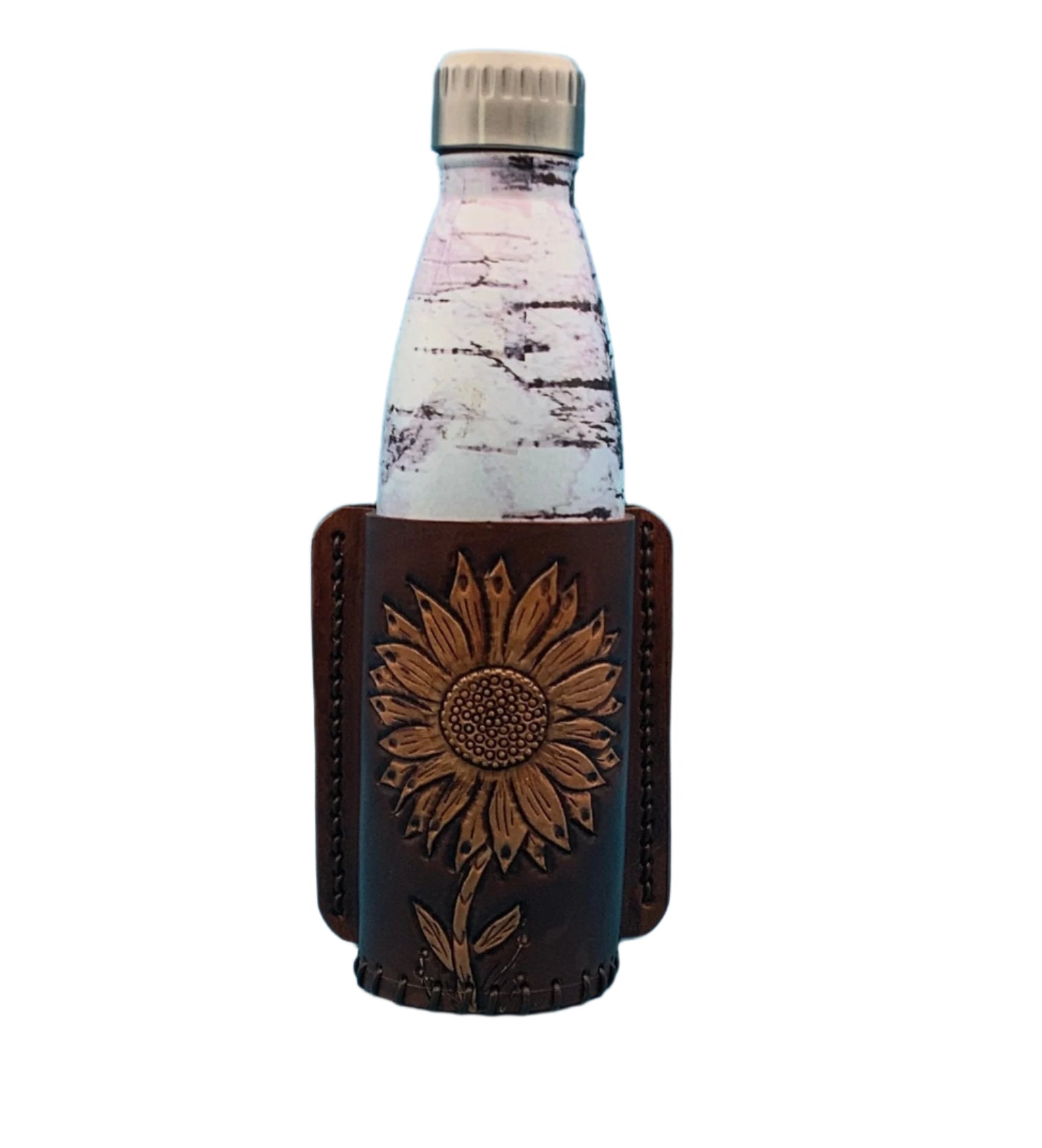 Mahogany leather bottle holder for a saddle billet with hand tooled sunflower shown with a vacuum botte in it.