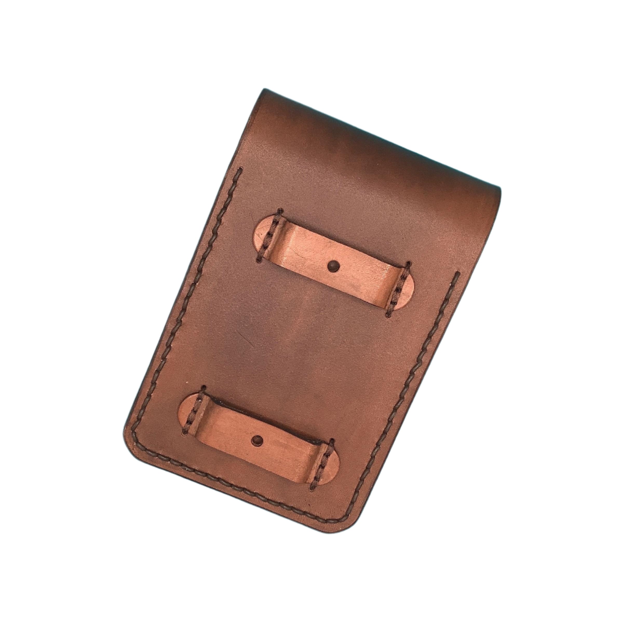 The back of a medium brown leather phone holder showing the straps that attach it to the rear cinch.