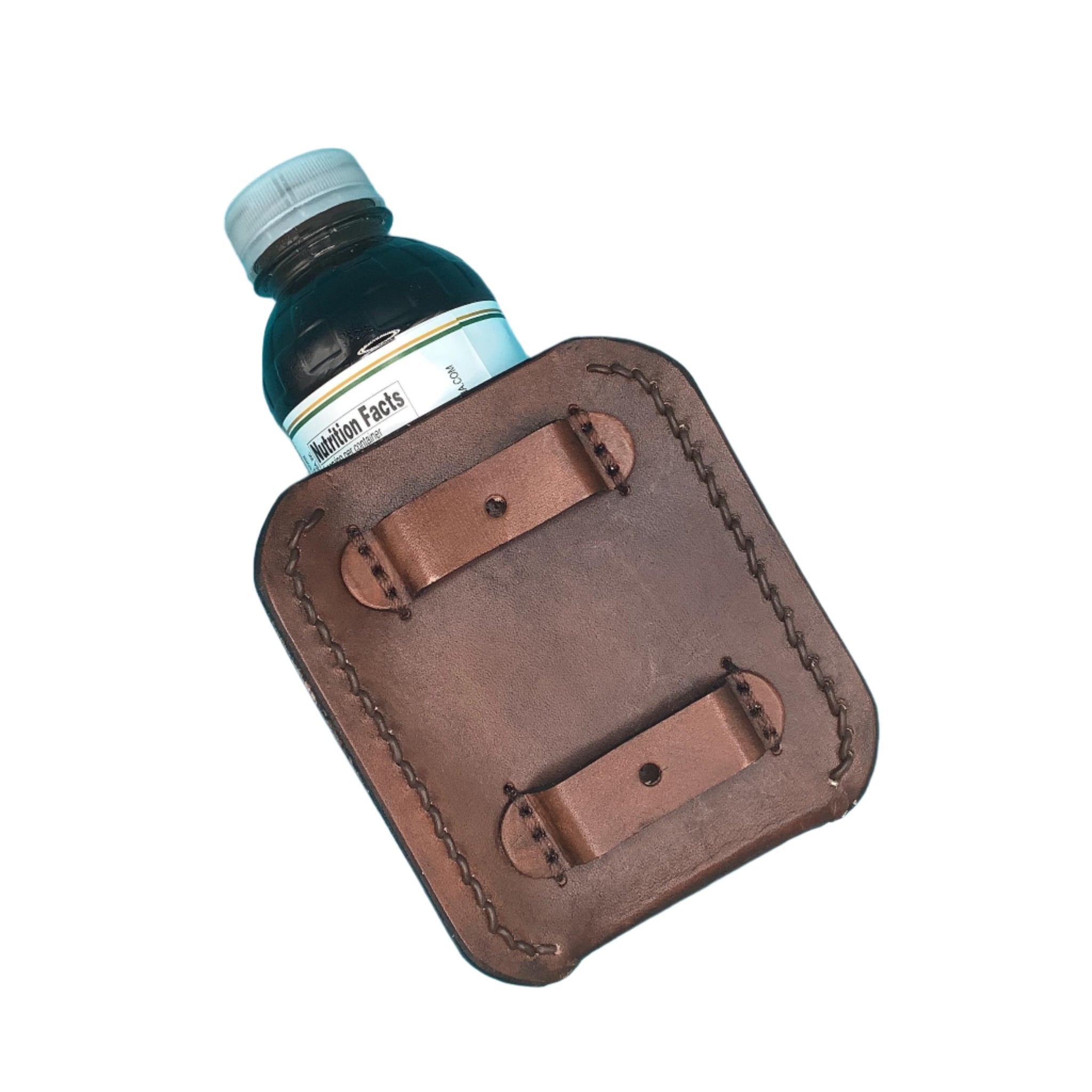 Leather Water Bottle Holder for Saddle Billet Strap with Hand Tooled Feathers in Dark Brown