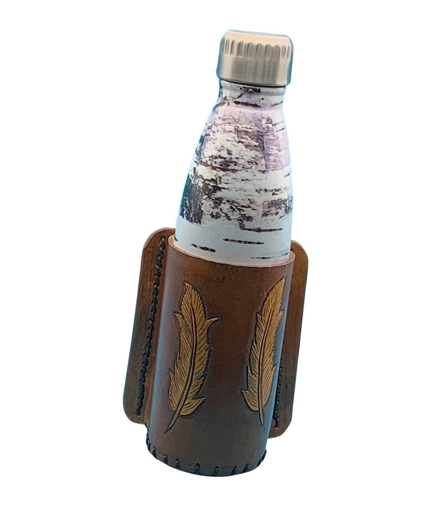 A mahogany leather bottle holder with hand tooled feathers shown with a vacuum bottle in it.