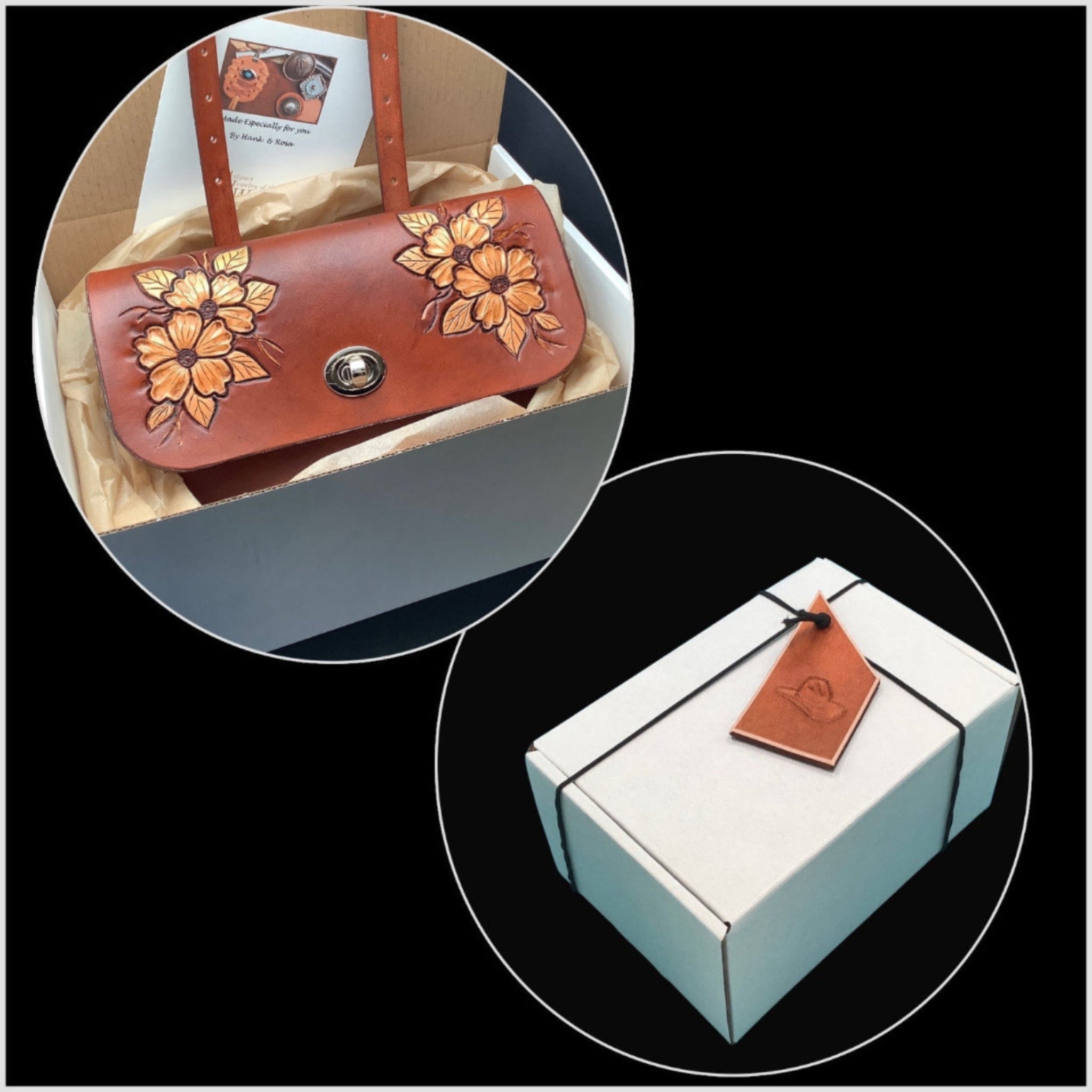 A leather pommel bag for a western saddle with hand tooled desert roses shown in a gift box.