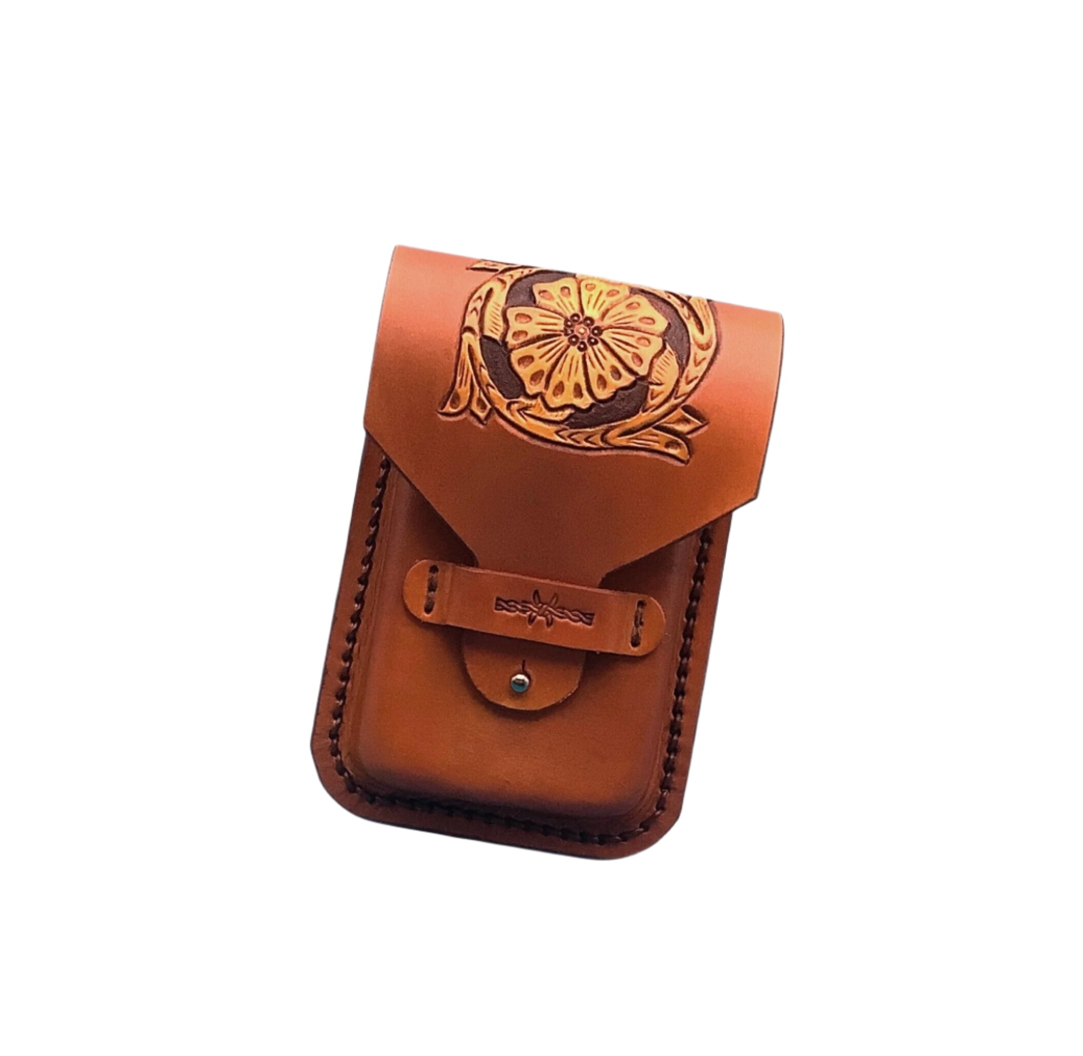 Saddle tan leather phone holder for saddle billet with hand tooled saddle flower.  