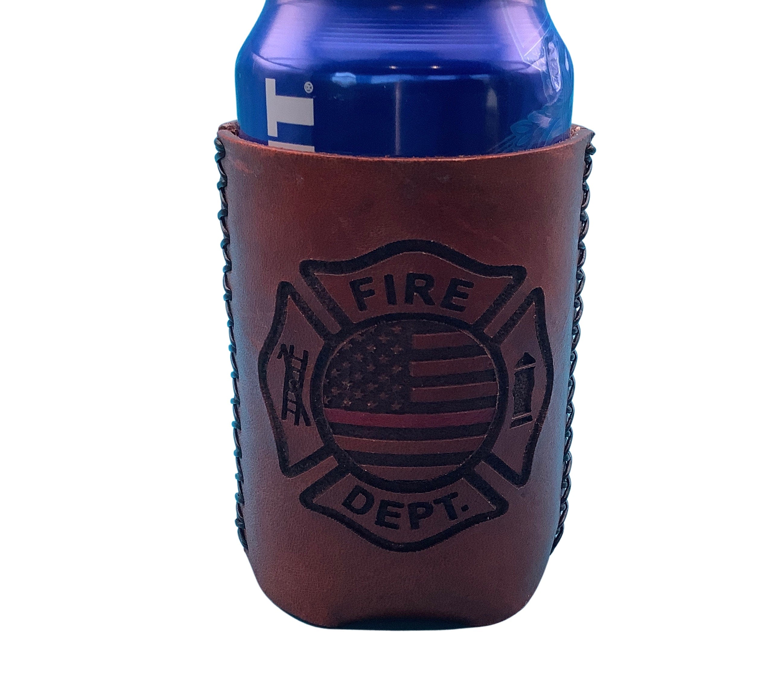 A leather drink sleeve with a can in it.