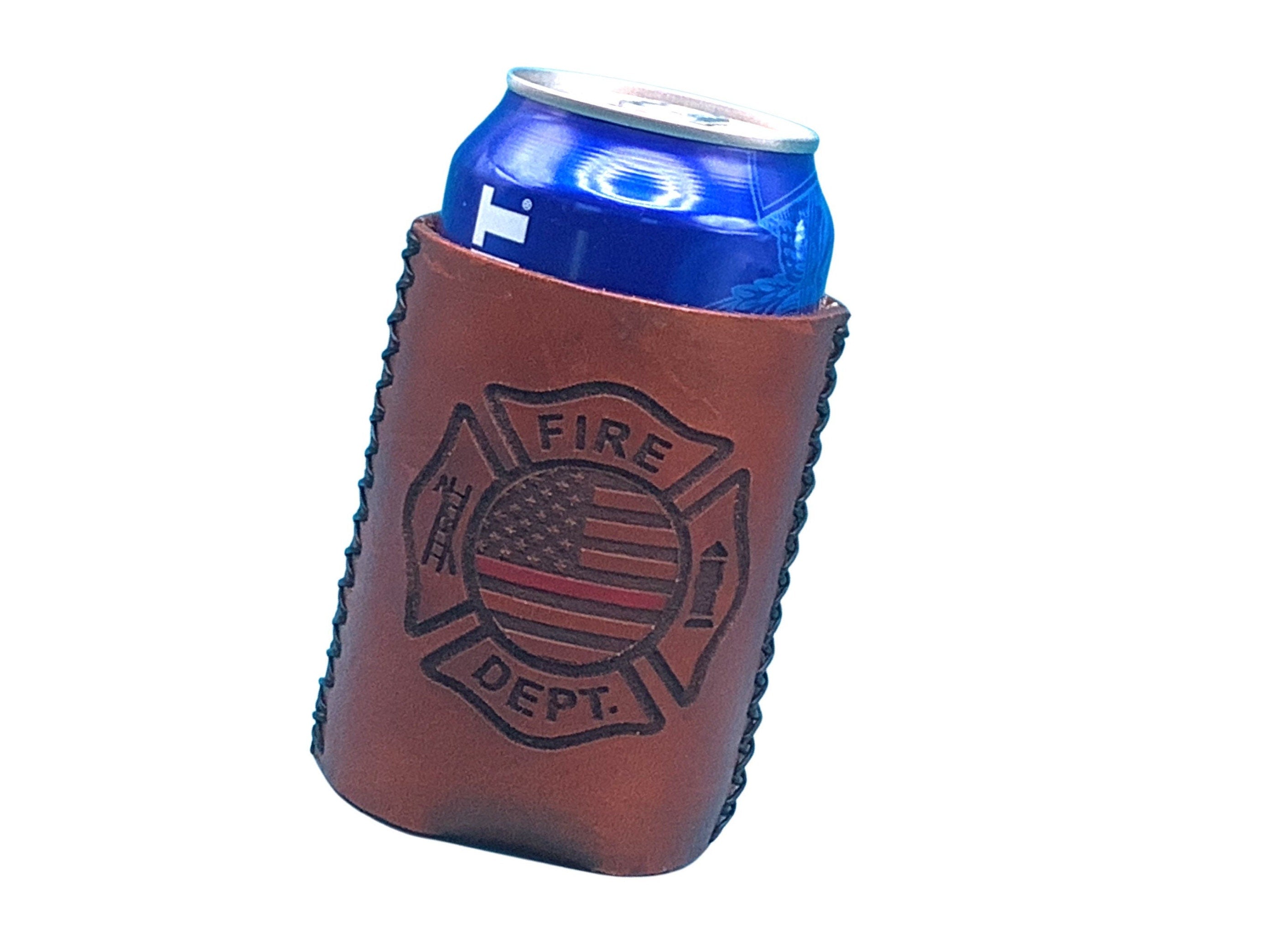 A leather drink sleeve with a firefighter logo emblazoned on it and laces on the sides. 