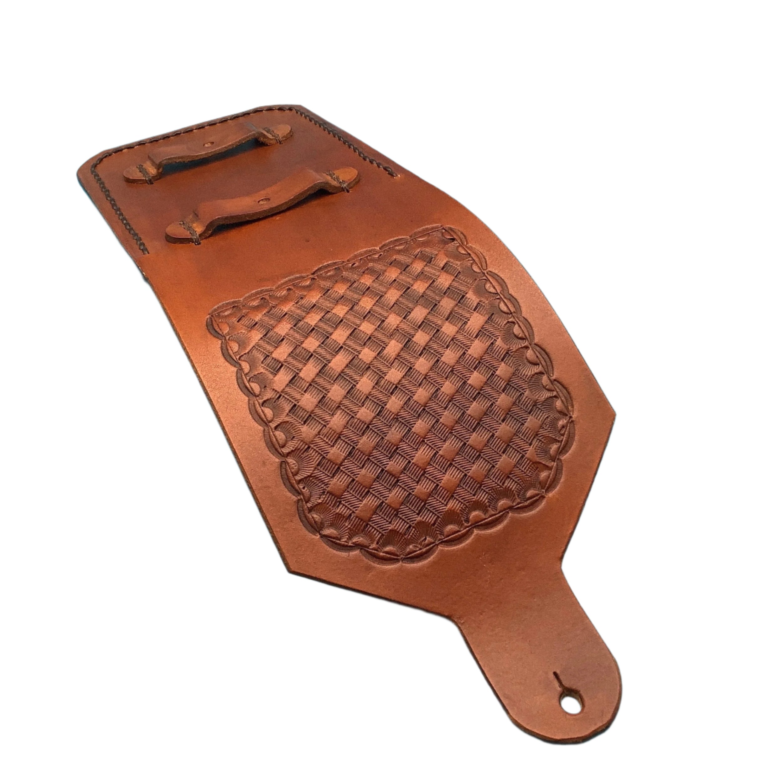 The back of a phone holder for saddle rear cinch showing the straps that attach to the billet.
