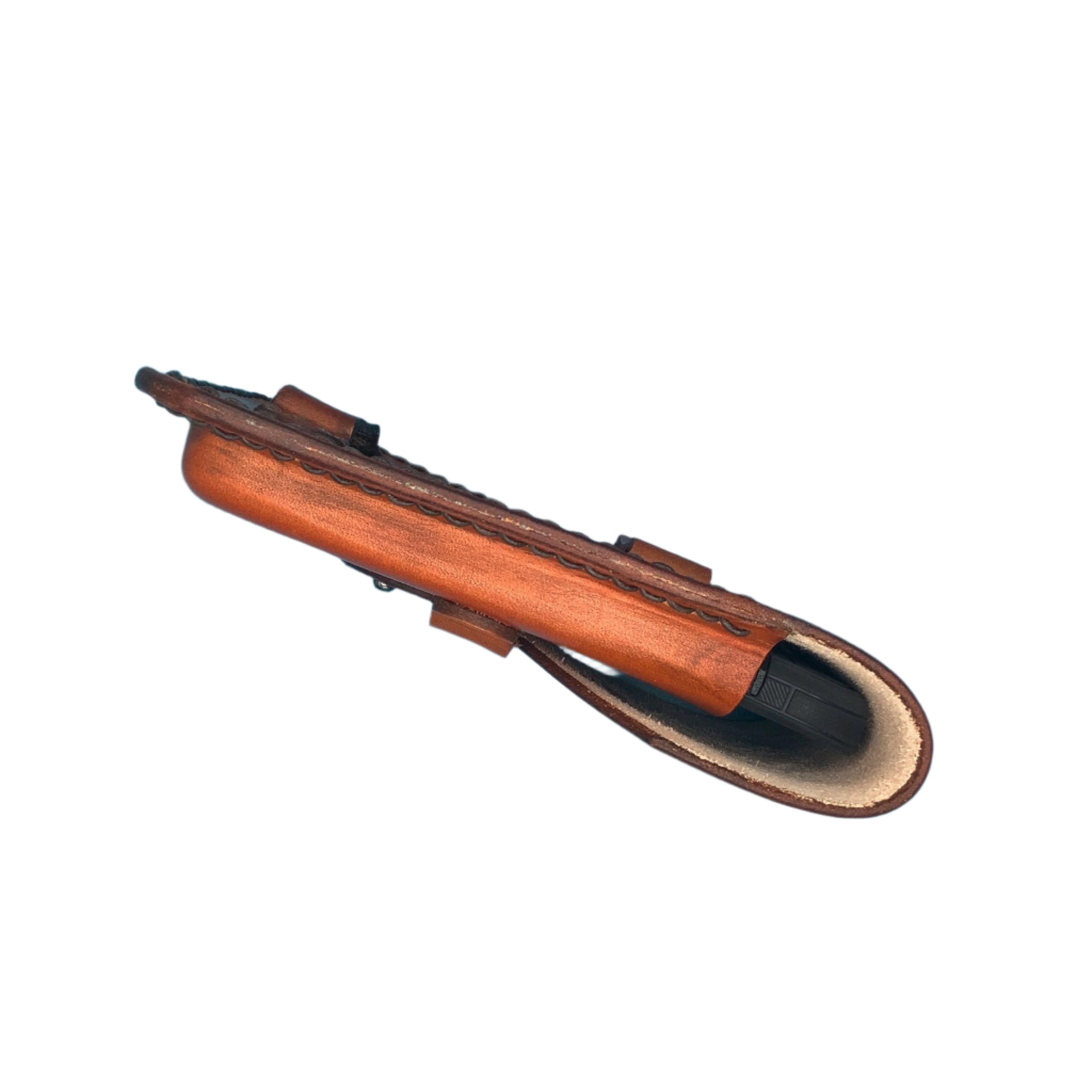 Side view of a leather phone holder for saddle rear cinch.