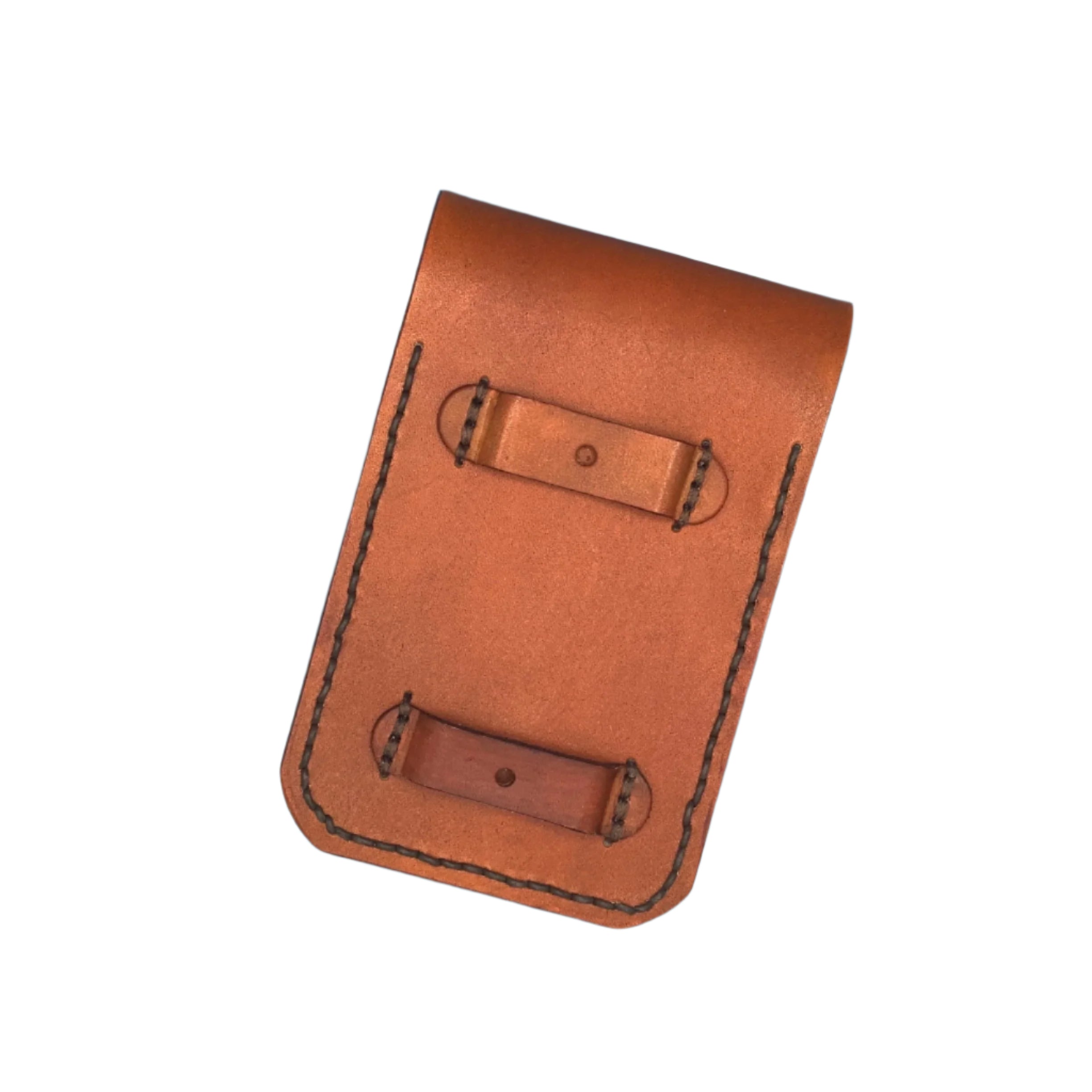 The back of a leather phone holder showing the straps that attach it to the billet.
