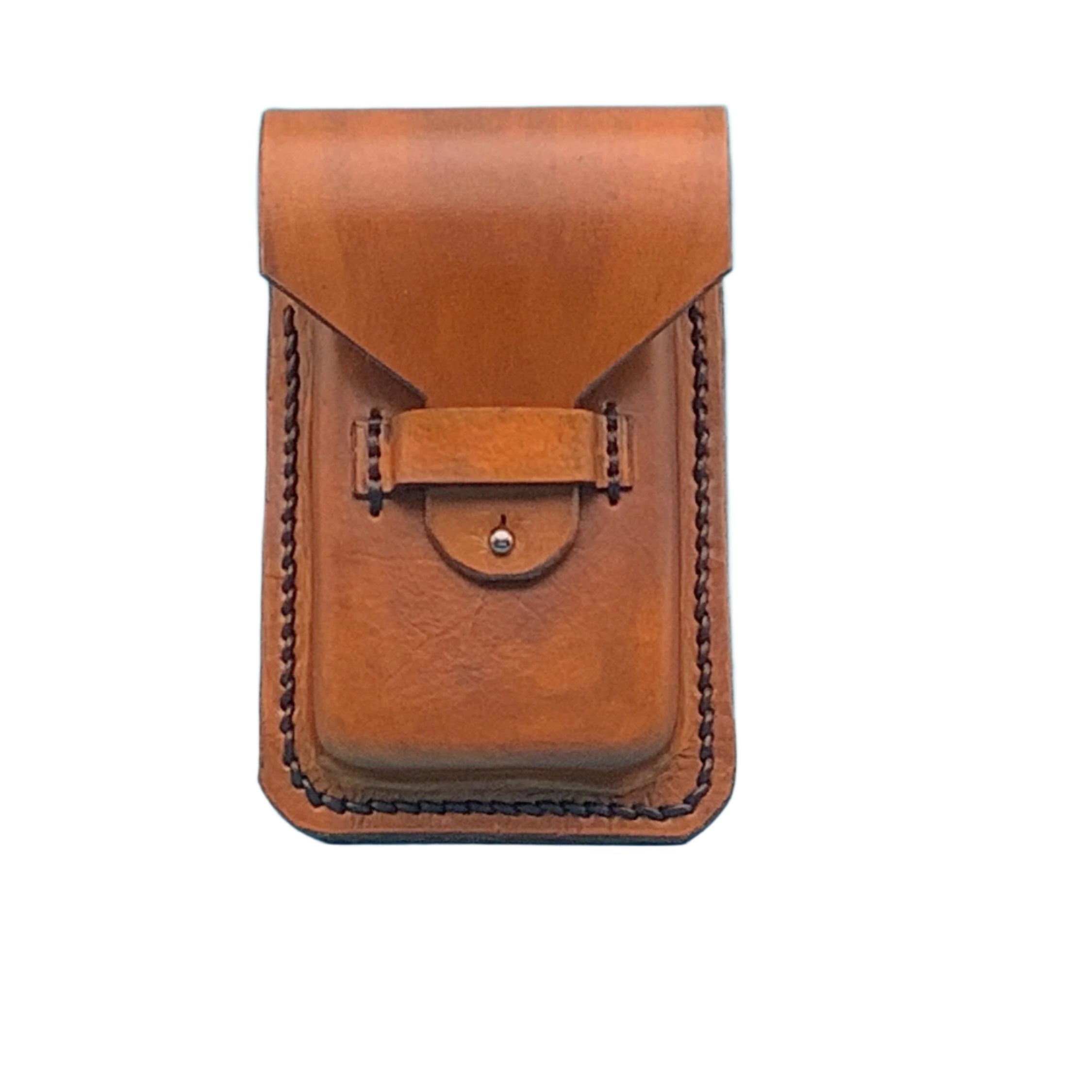 A tan leather phone holder for saddle rear cinch.