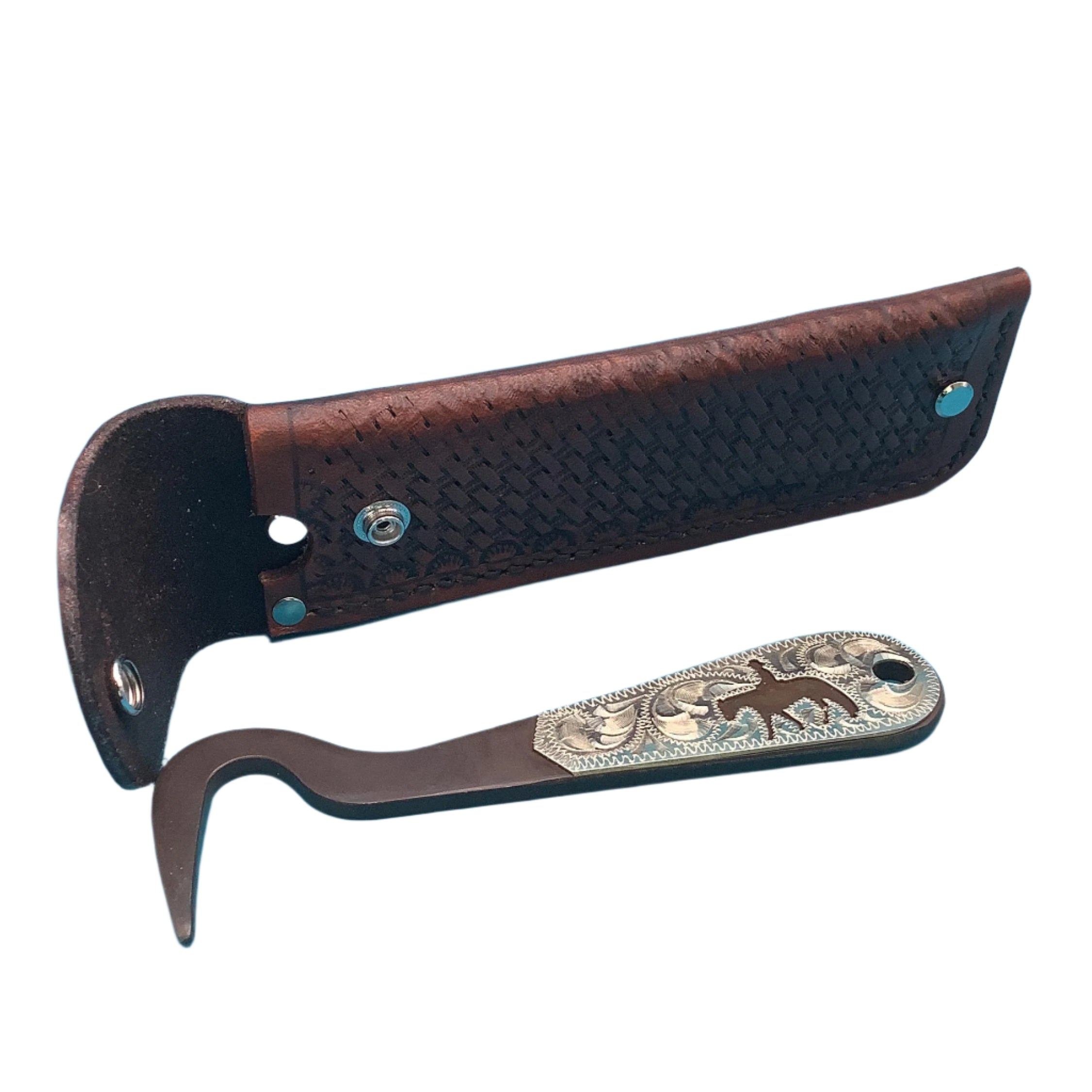 A mahogany basketweave leather  hoof pick holder for saddle billet strap shown open with the hoof pick next to it.