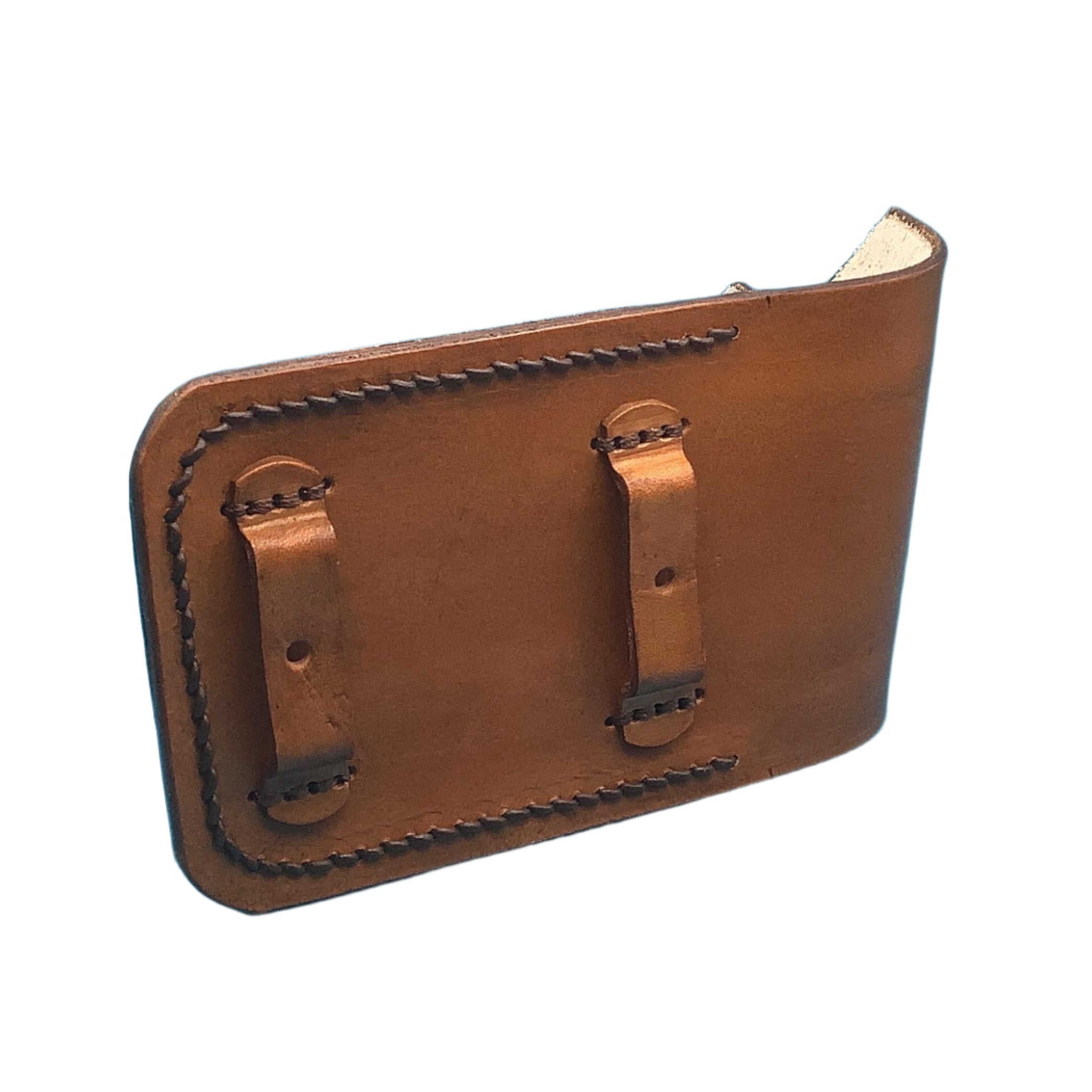 The back of a tan phone holder showing the straps that attach it to the rear cinch.