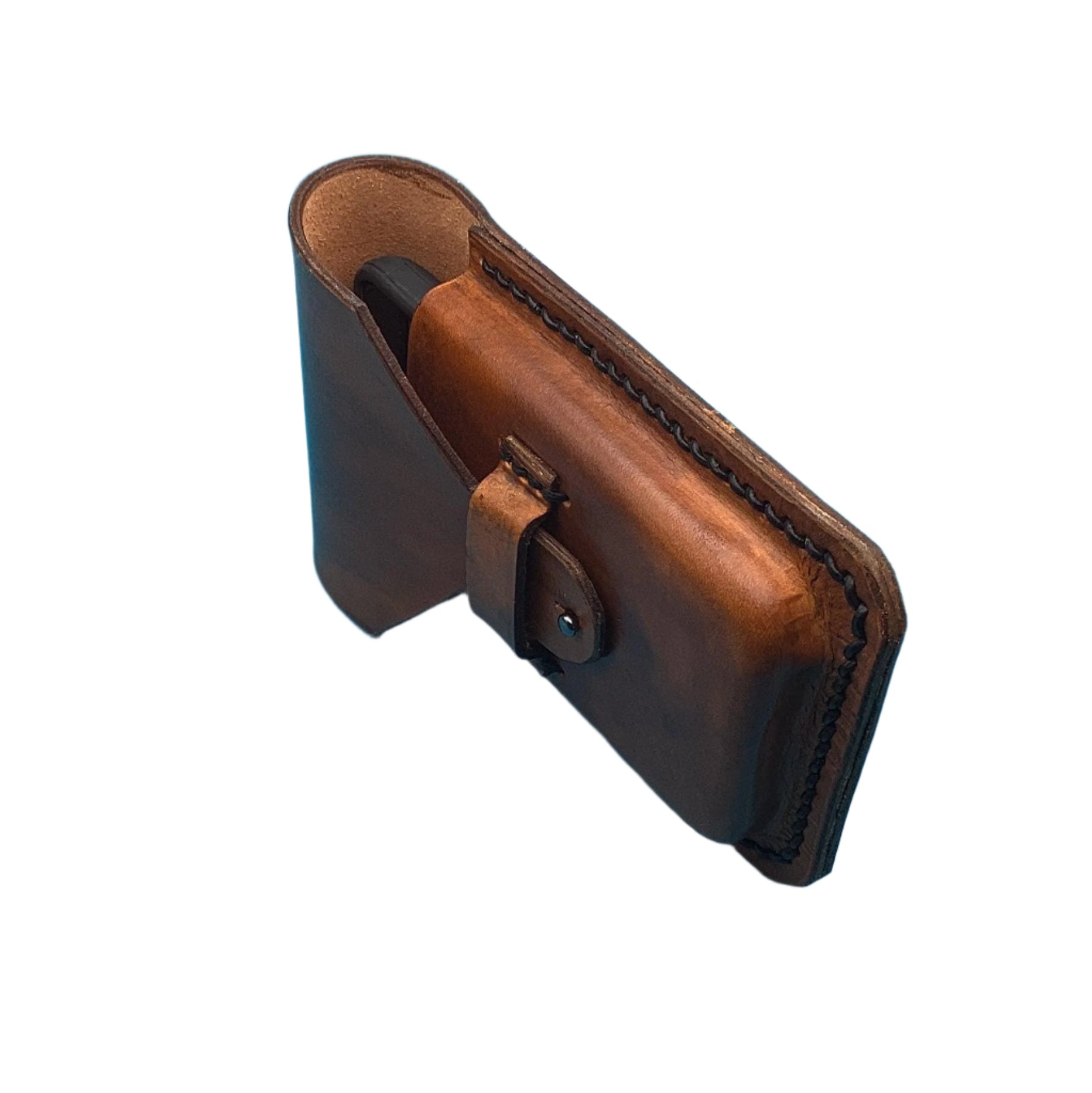 Side view of a tan leather phone holder for saddle billet strap.