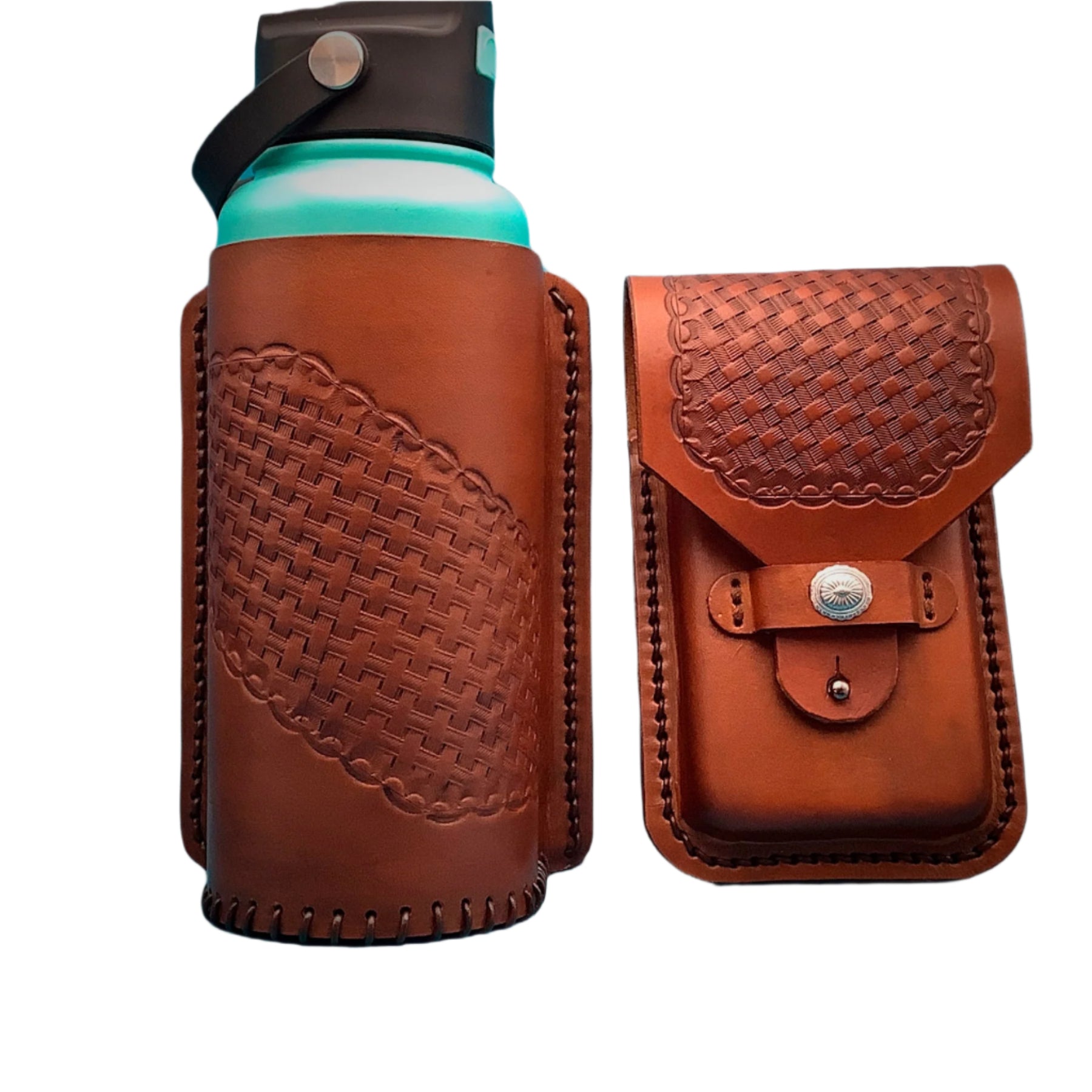 A saddle tan basketweave leather phone holder and bottle holder for saddle billet strap.