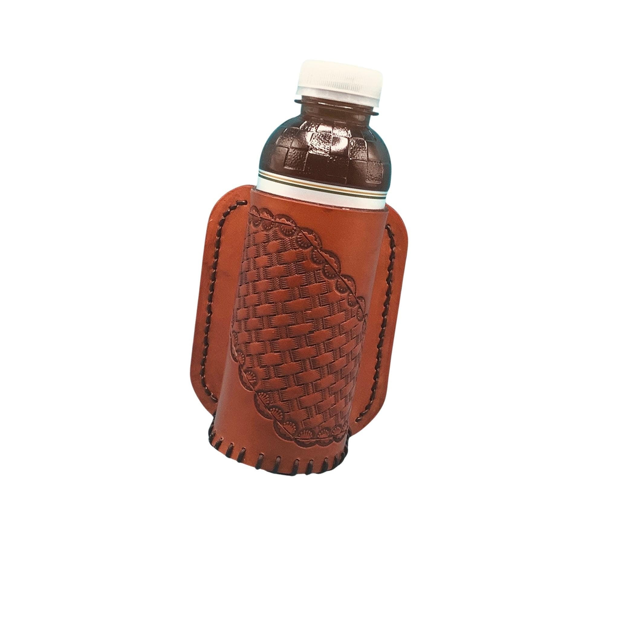 A saddle tan basketweave bottle holder for saddle billet.