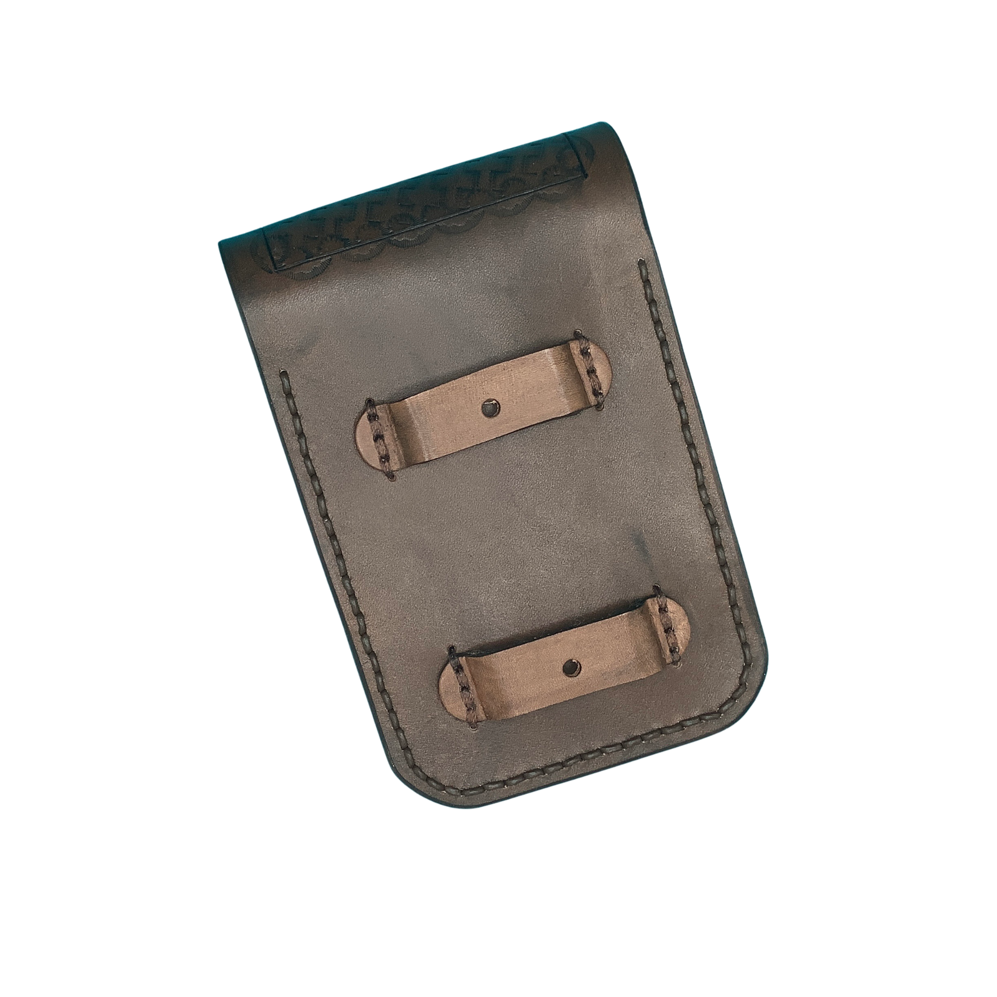 The back of a dark brown leather phone holder showing the straps that attach it to the rear cinch.