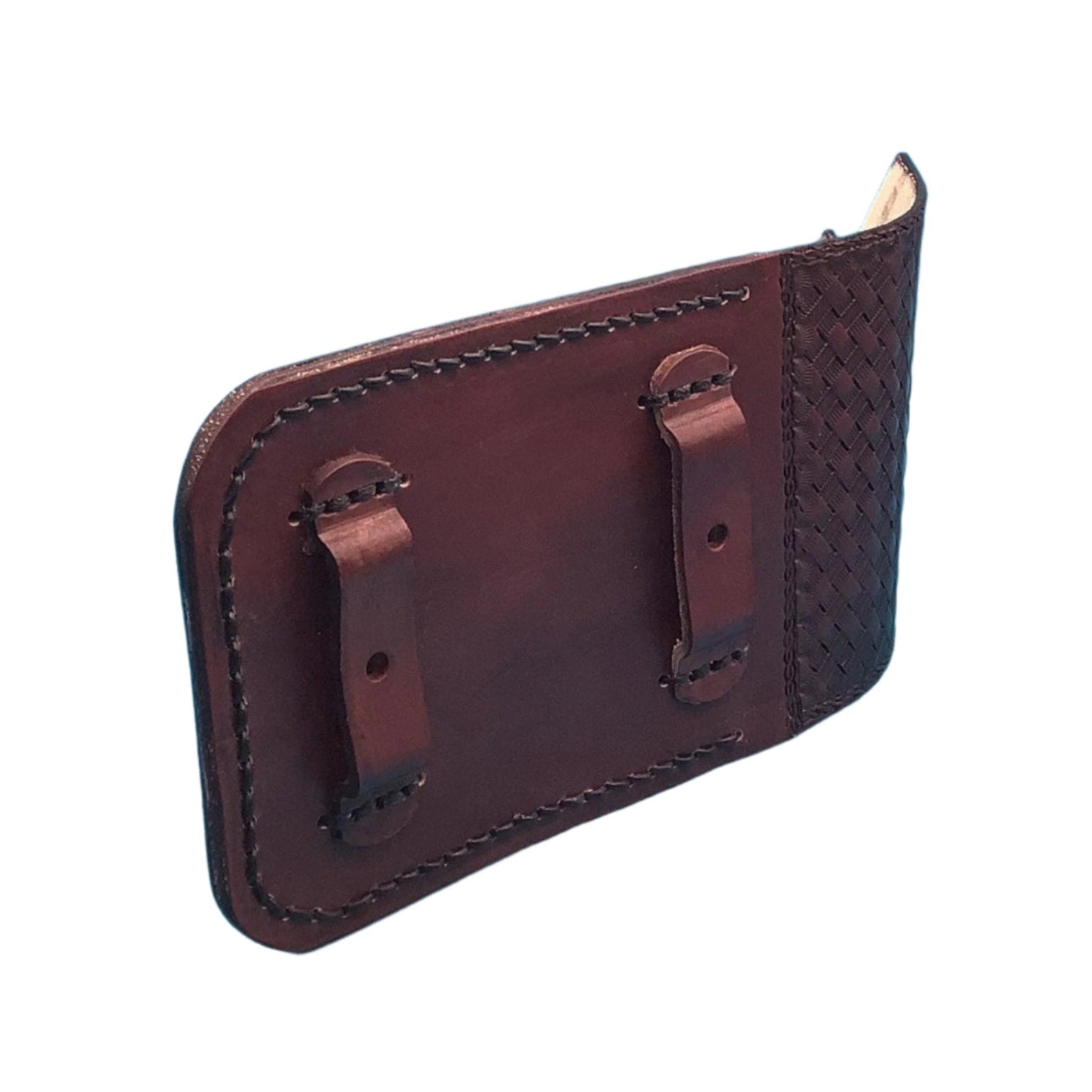 Leather phone holder back showing the straps that hold it to the billet.