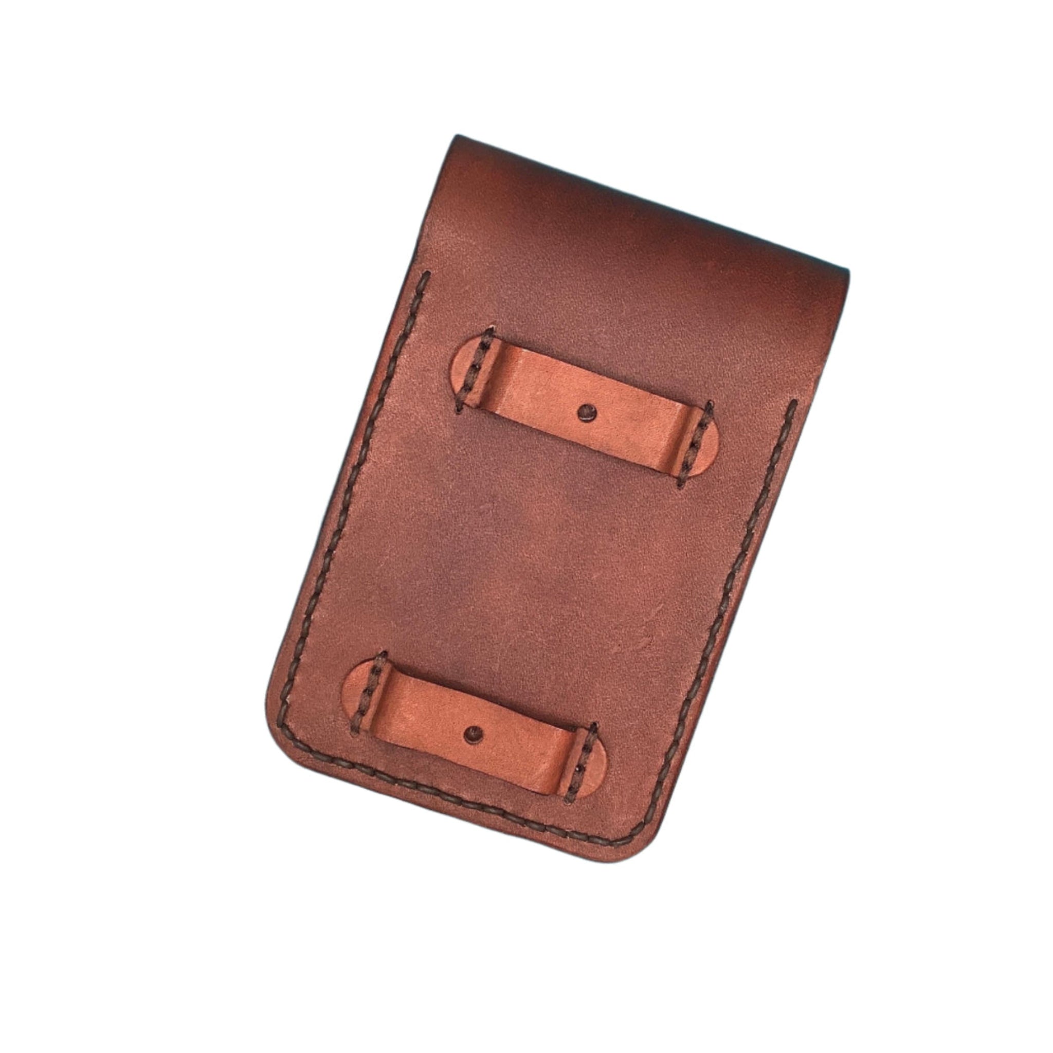 The back of a leather phone holder for saddle showing the straps that attach it to the rear cinch.