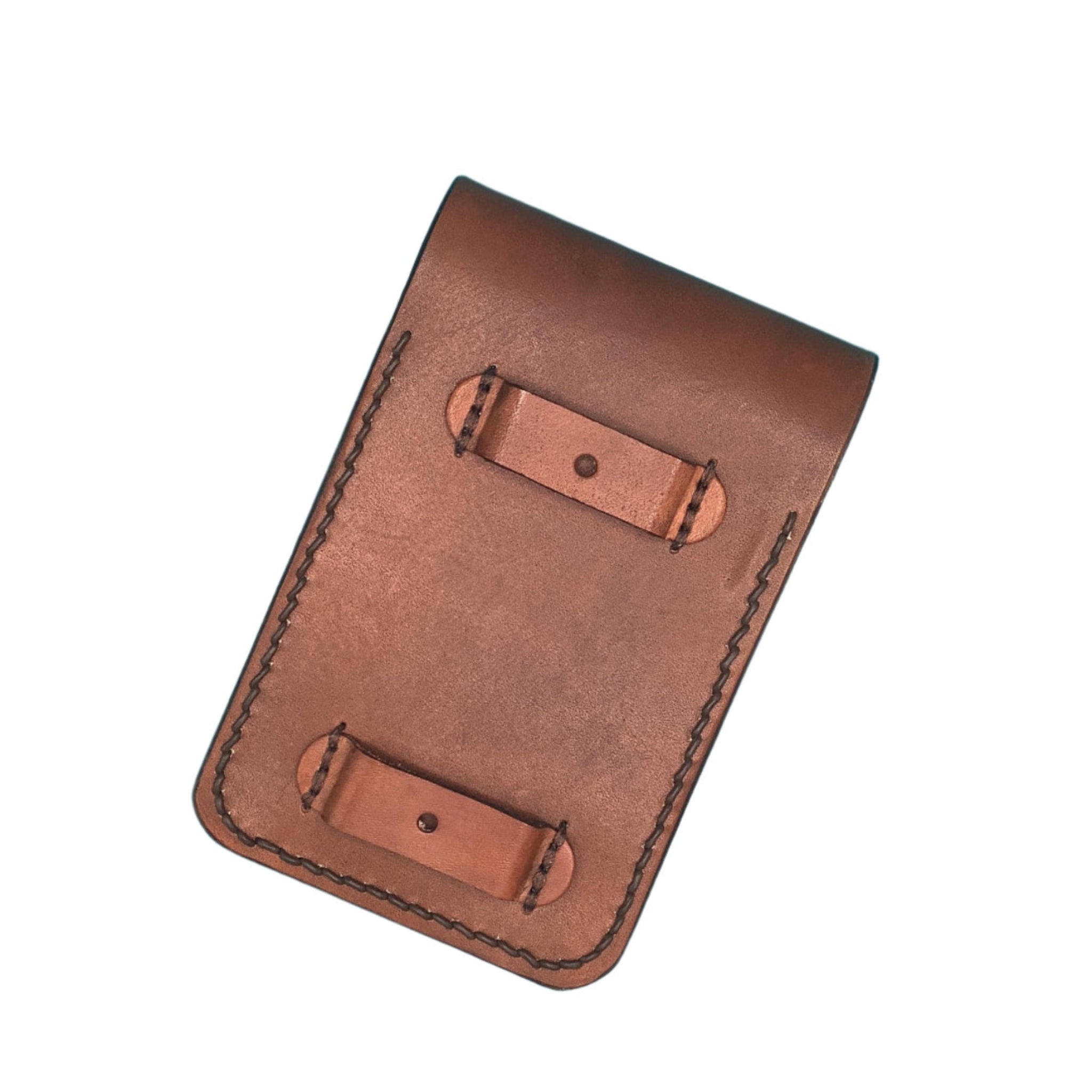 The back of a saddle phone holder showing the straps that attach it to the cinch.