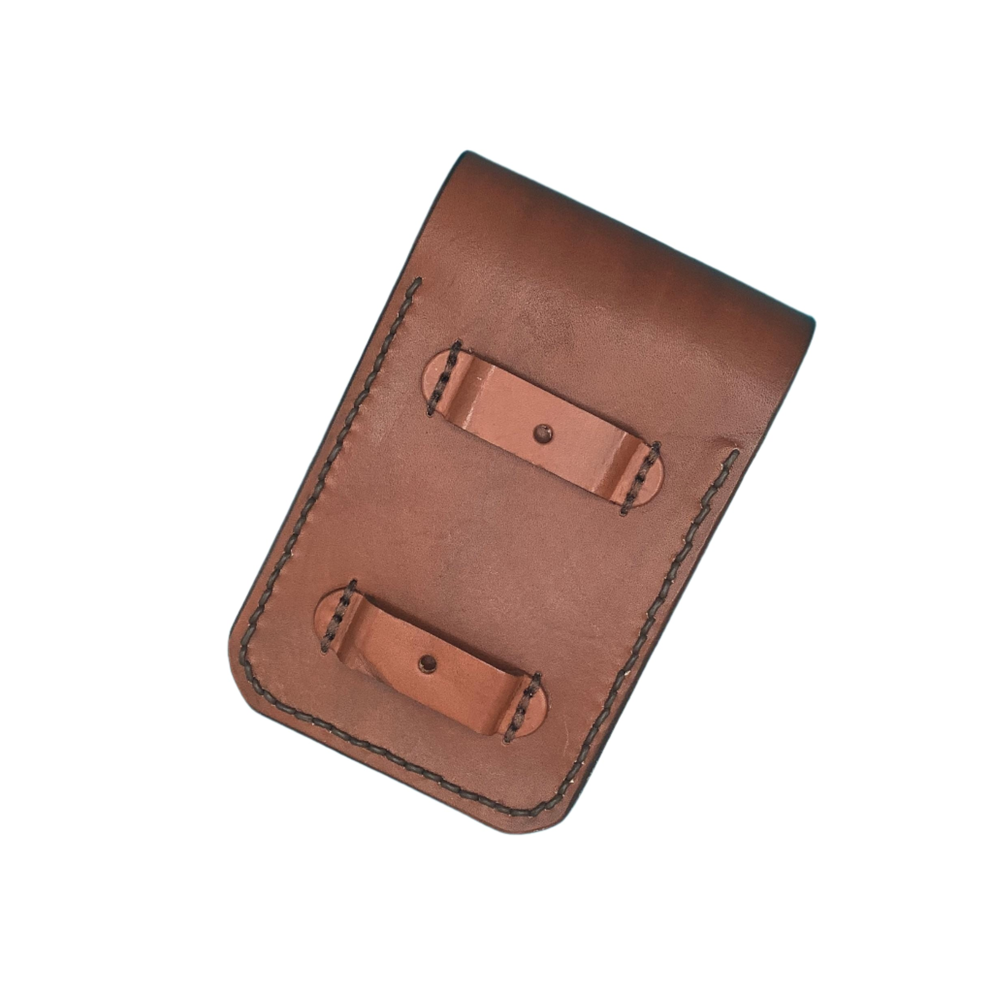 Back of light brown  leather phone holder showing straps that attach it to the billet.