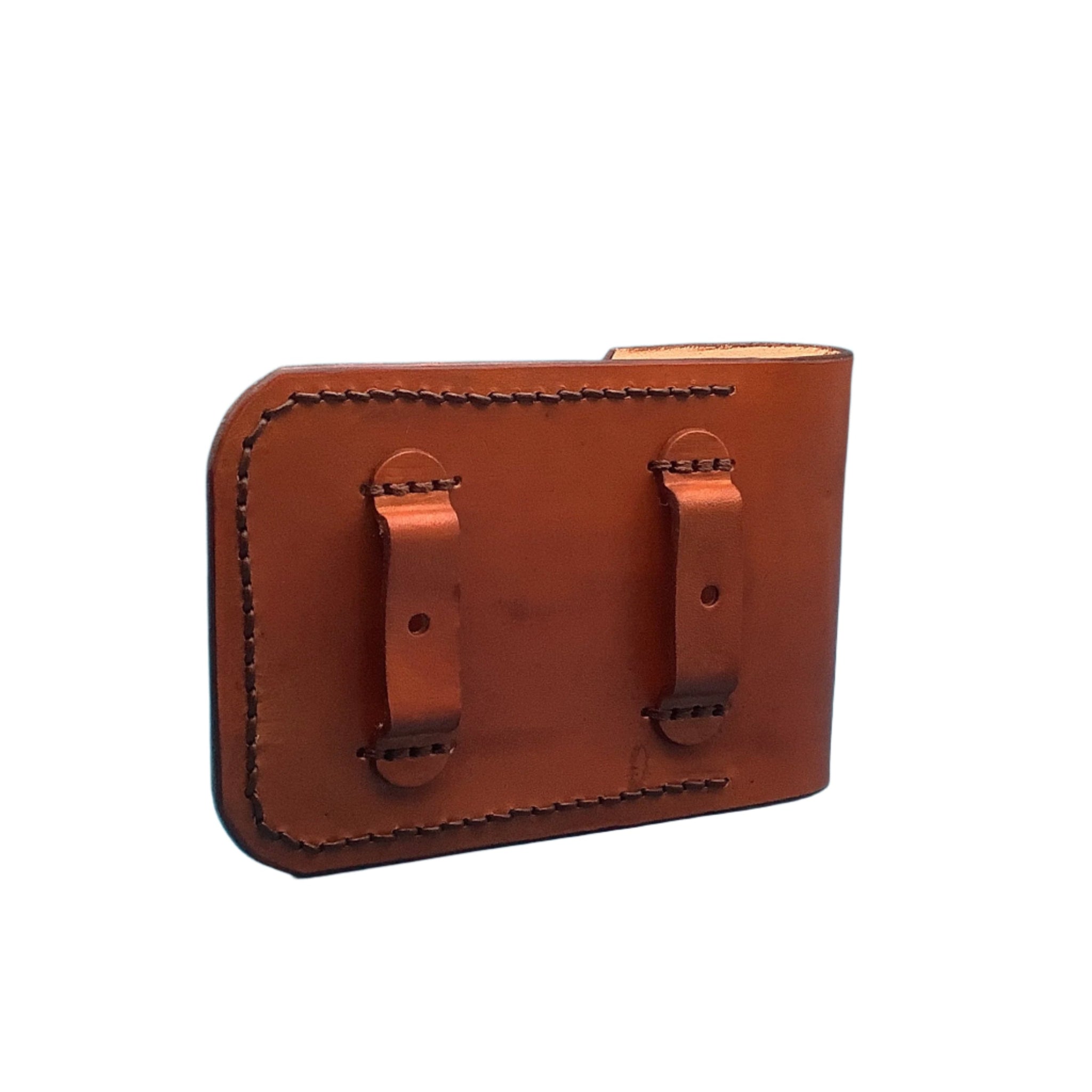 The back of a leather phone holder for saddle rear cinch.