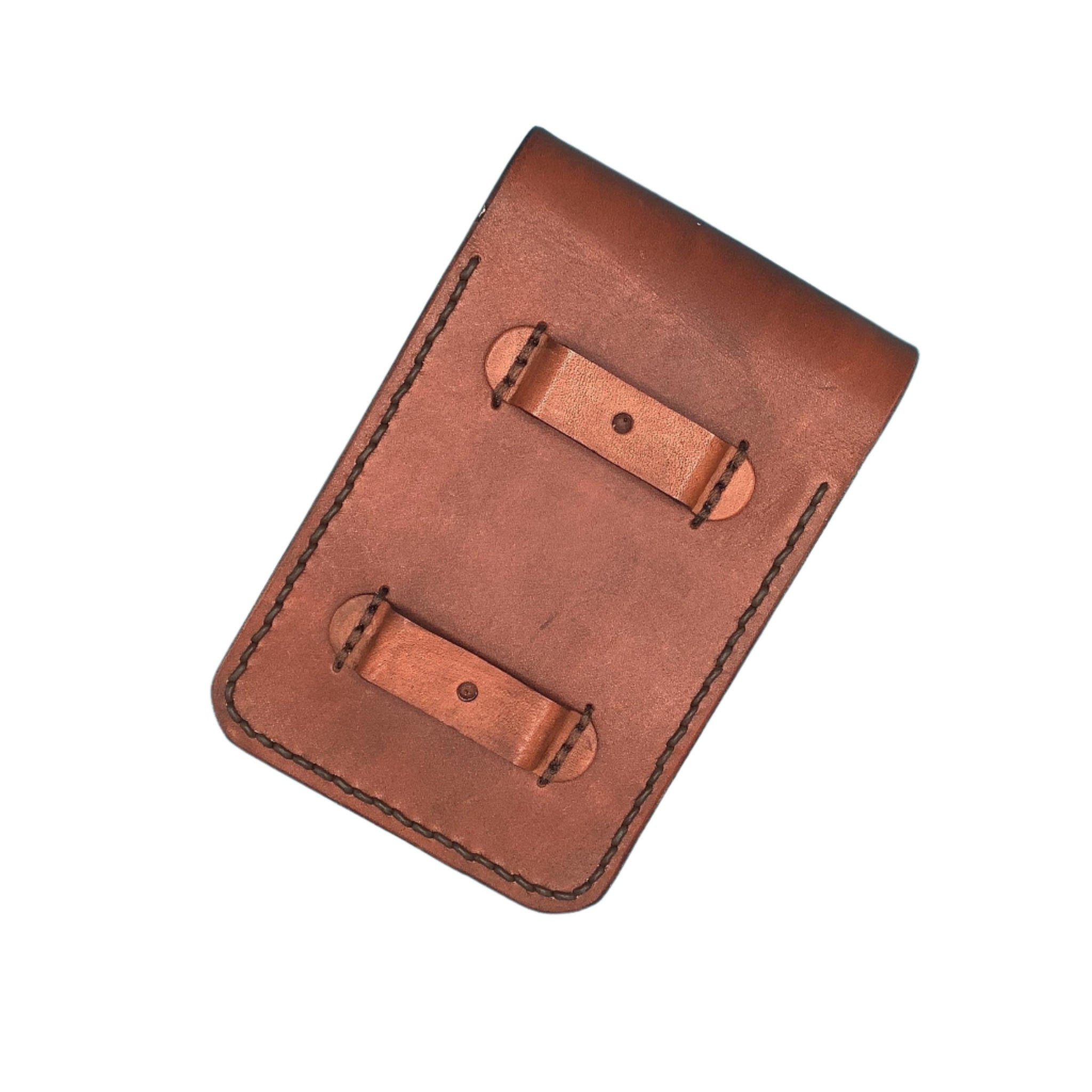 The back of a leather phone holder for saddle rear cinch showing the straps that attach it to the billet.